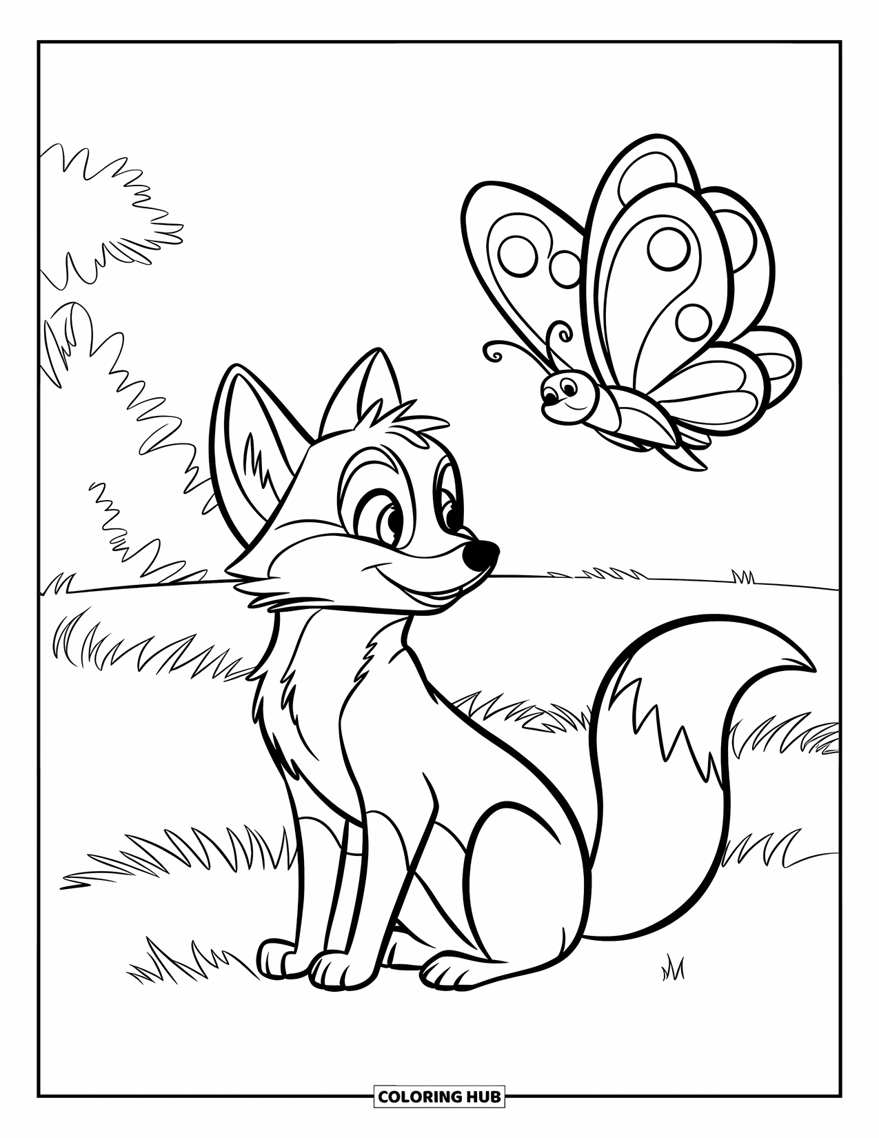 Fox Coloring Page for Kids: A fox playing with a butterfly in a grassy meadow with a few trees