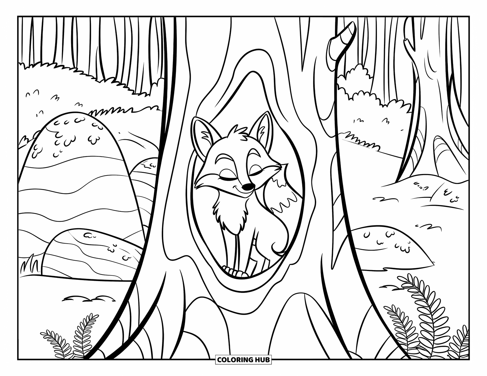 Fox Coloring Page for Kids: A fox resting in a tree hole, its fluffy tail curled up beside it
