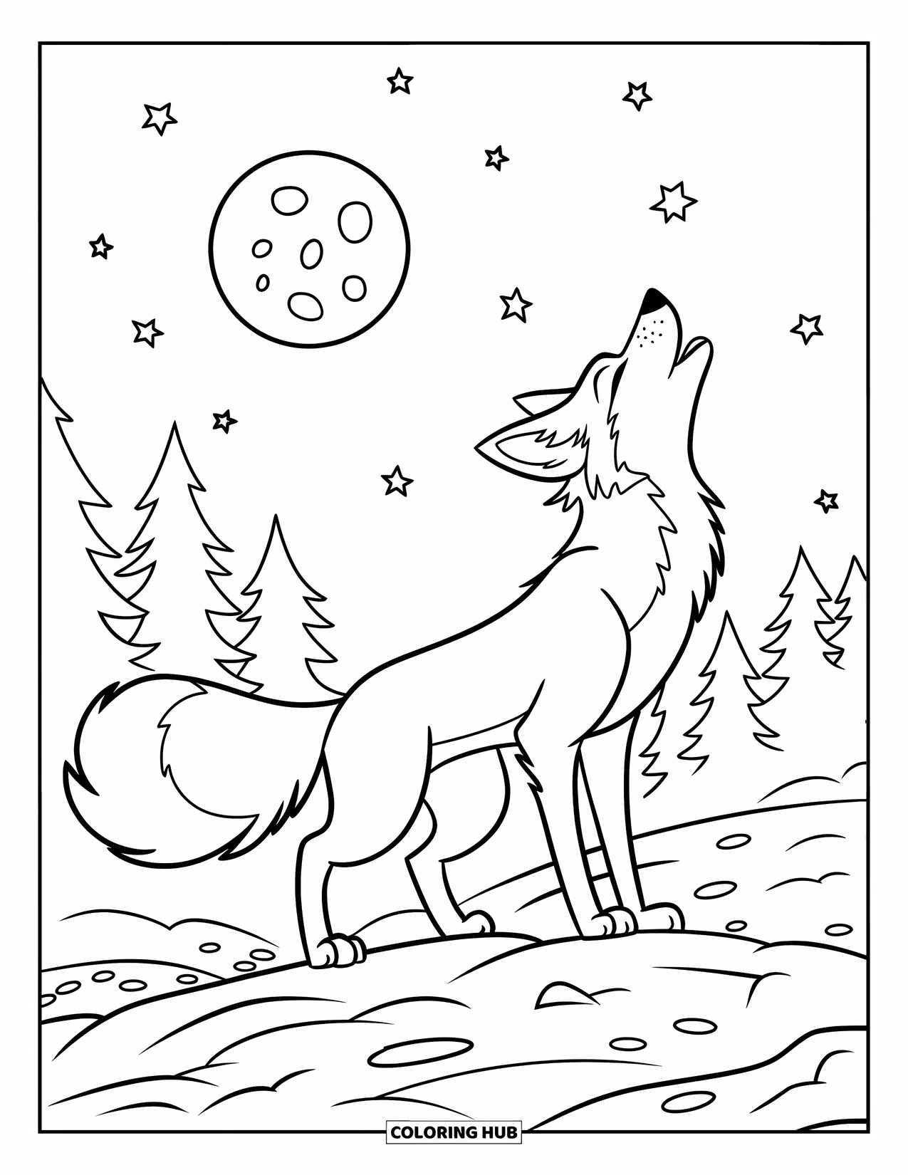 Fox Coloring Page for Kids: A fox silhouetted against a glowing moon, howling into the night