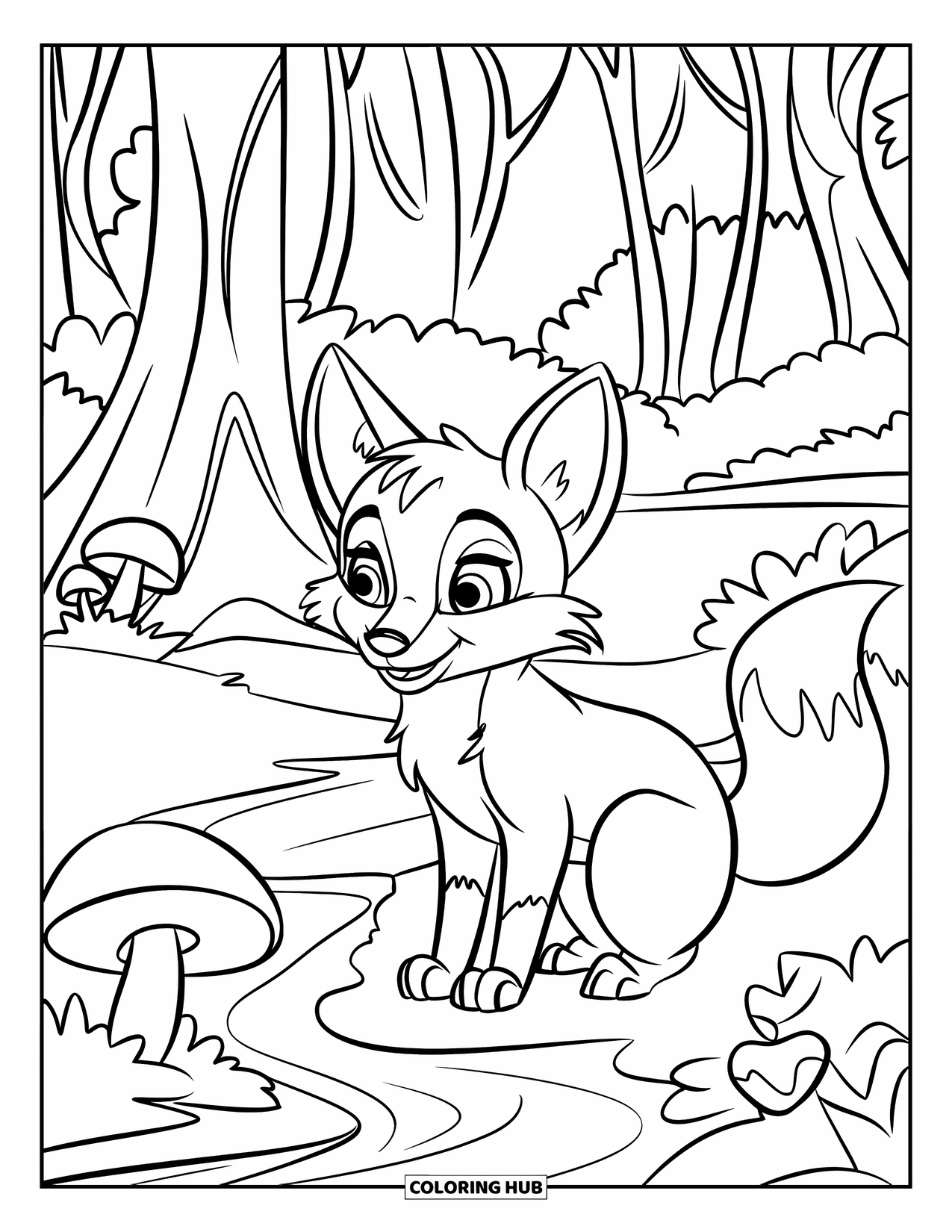 Fox Coloring Page for Kids: A fox sitting near a stream, curiously looking into the flowing water