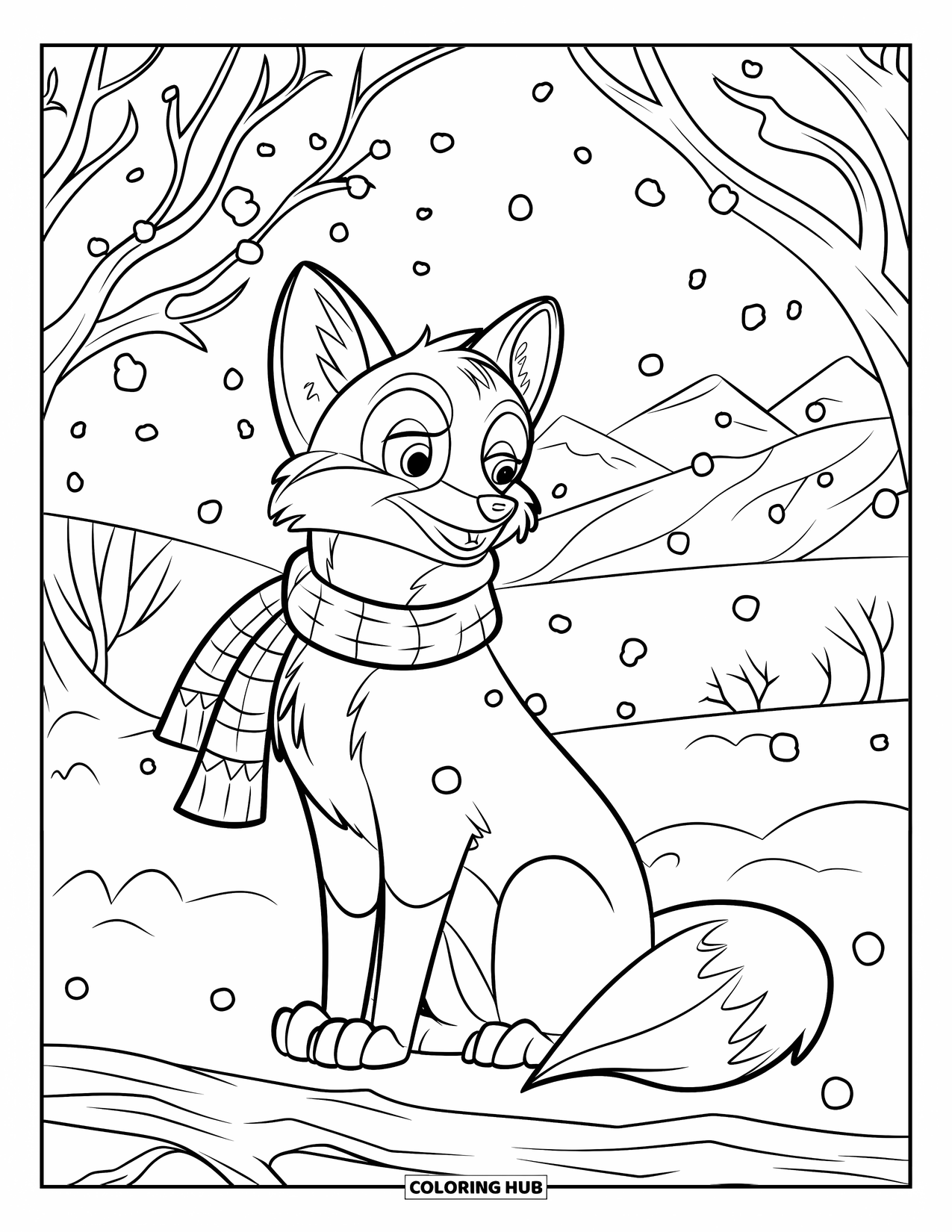 Fox Coloring Page for Kids: A fox sitting on a snowy hill, bundled up with a scarf while snow falls