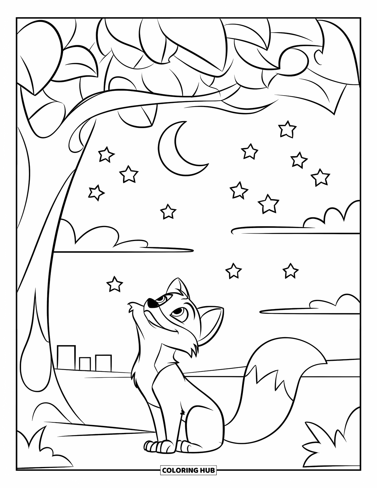 Fox Coloring Page for Kids: A fox sitting under a tree, gazing up at a crescent moon in the night sky