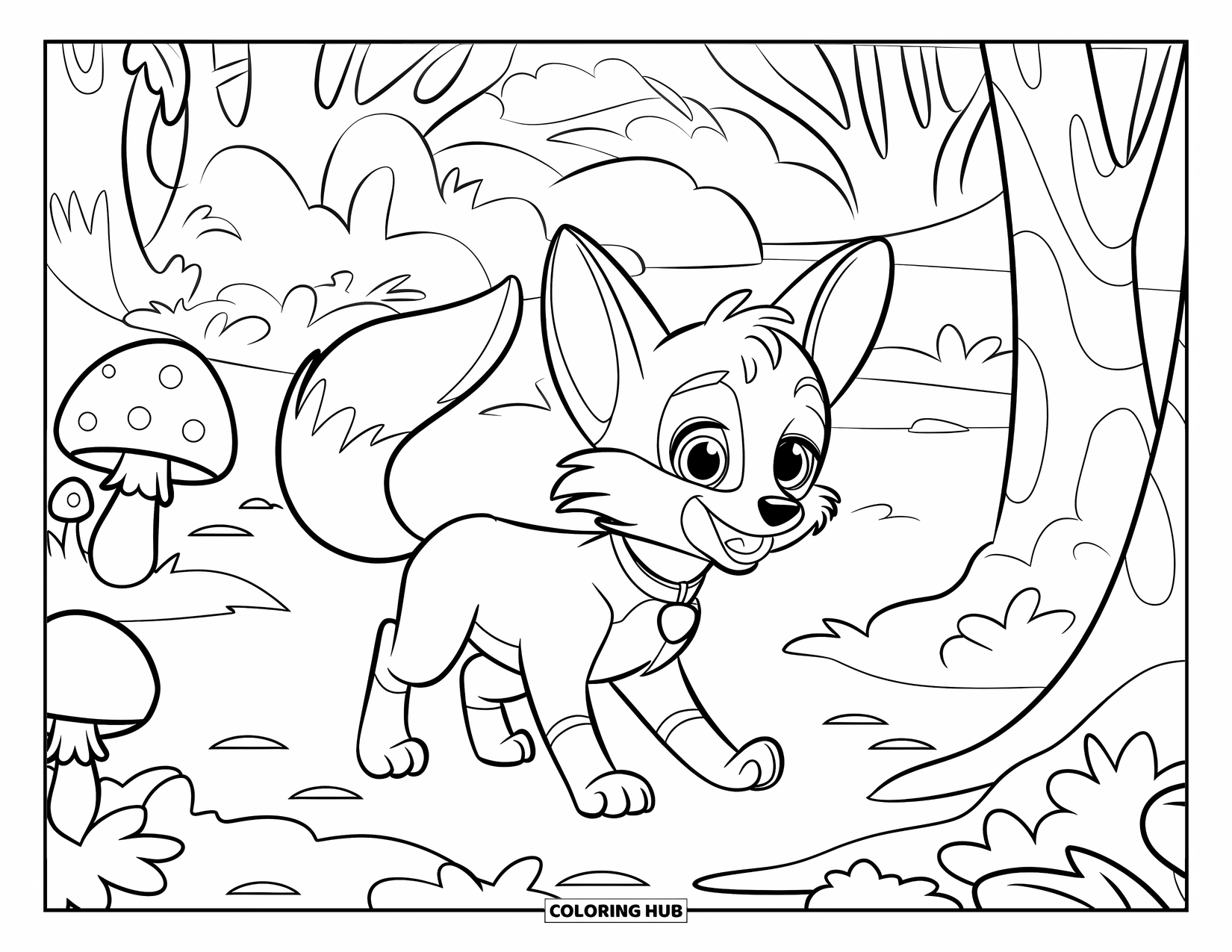 Fox Coloring Page for Kids: A fox walking along a forest path, surrounded by trees and mushrooms