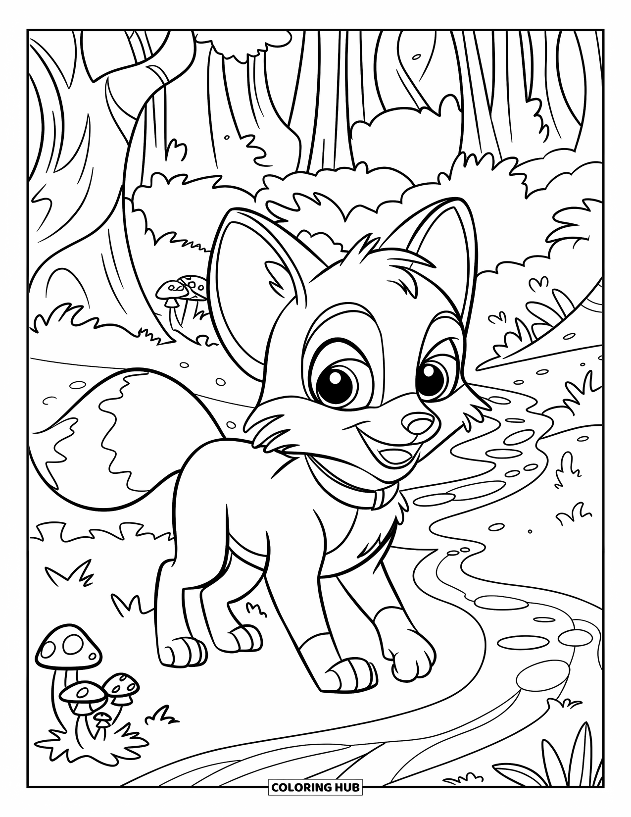 Fox Coloring Page for Kids: A fox walking through a forest, stepping carefully over a mushroom patch