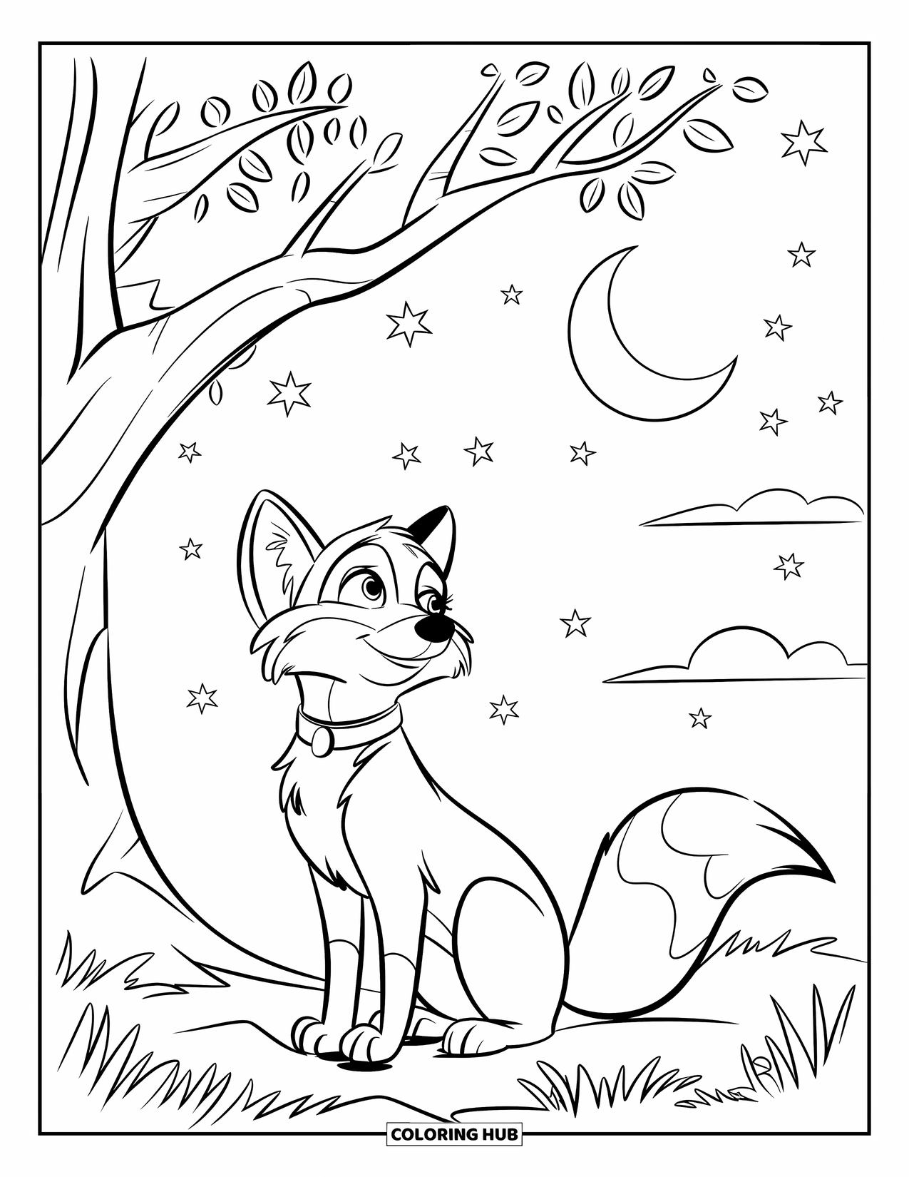 Fox Coloring Page for Kids: A fox watching the moon from under a tall tree, surrounded by fireflies