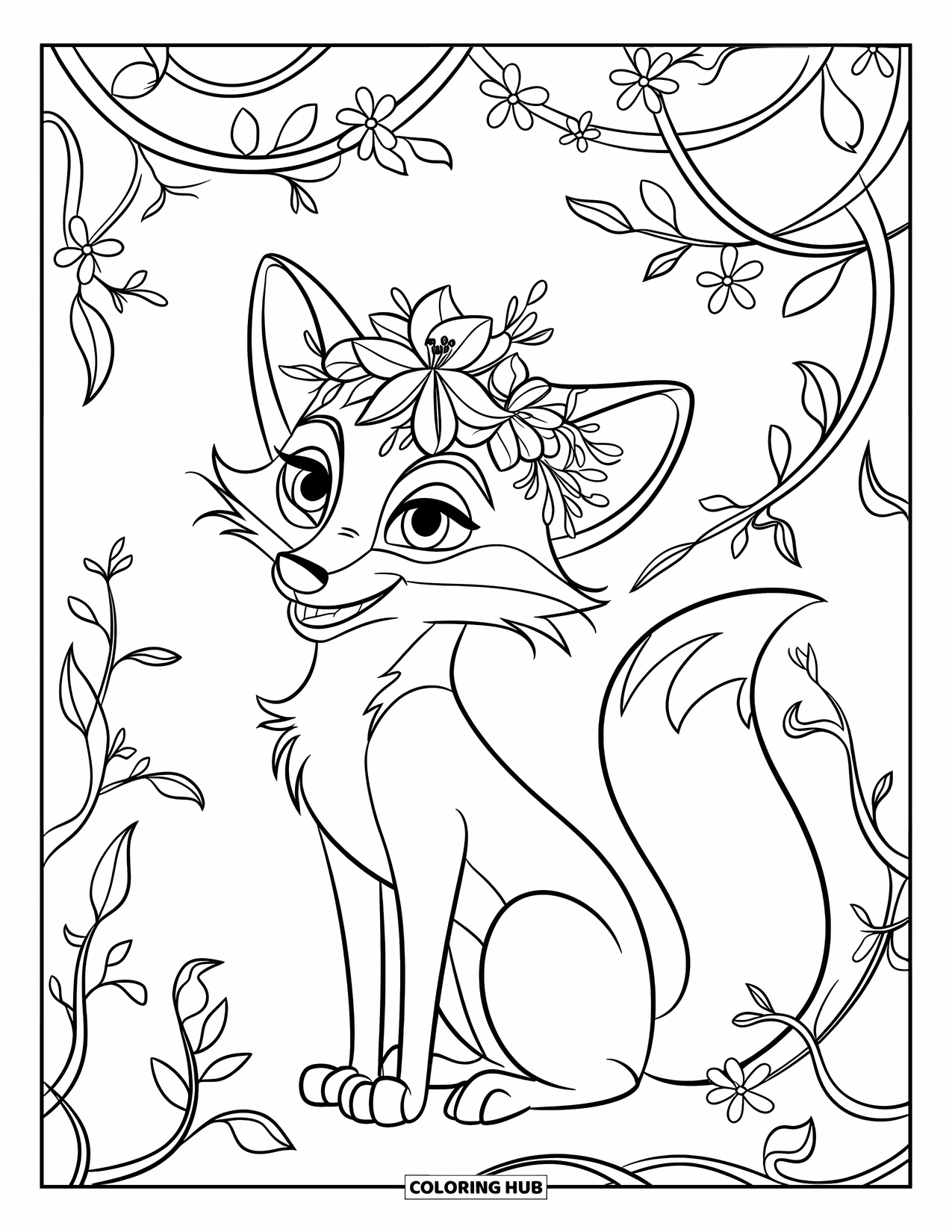 Fox Coloring Page for Kids: A fox wearing a floral crown, sitting gracefully among blooming vines