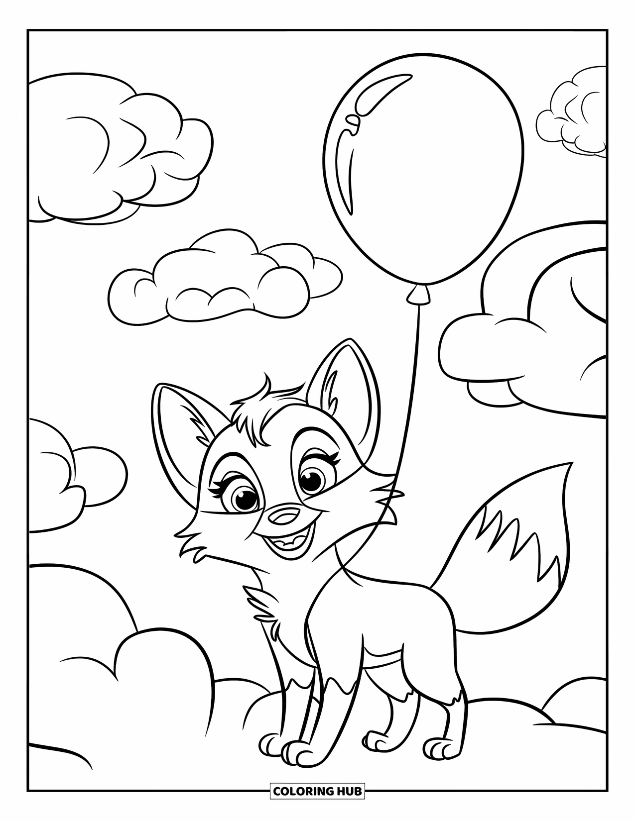 Fox Coloring Page for Kids: A happy fox holding a balloon in its mouth, floating among the clouds