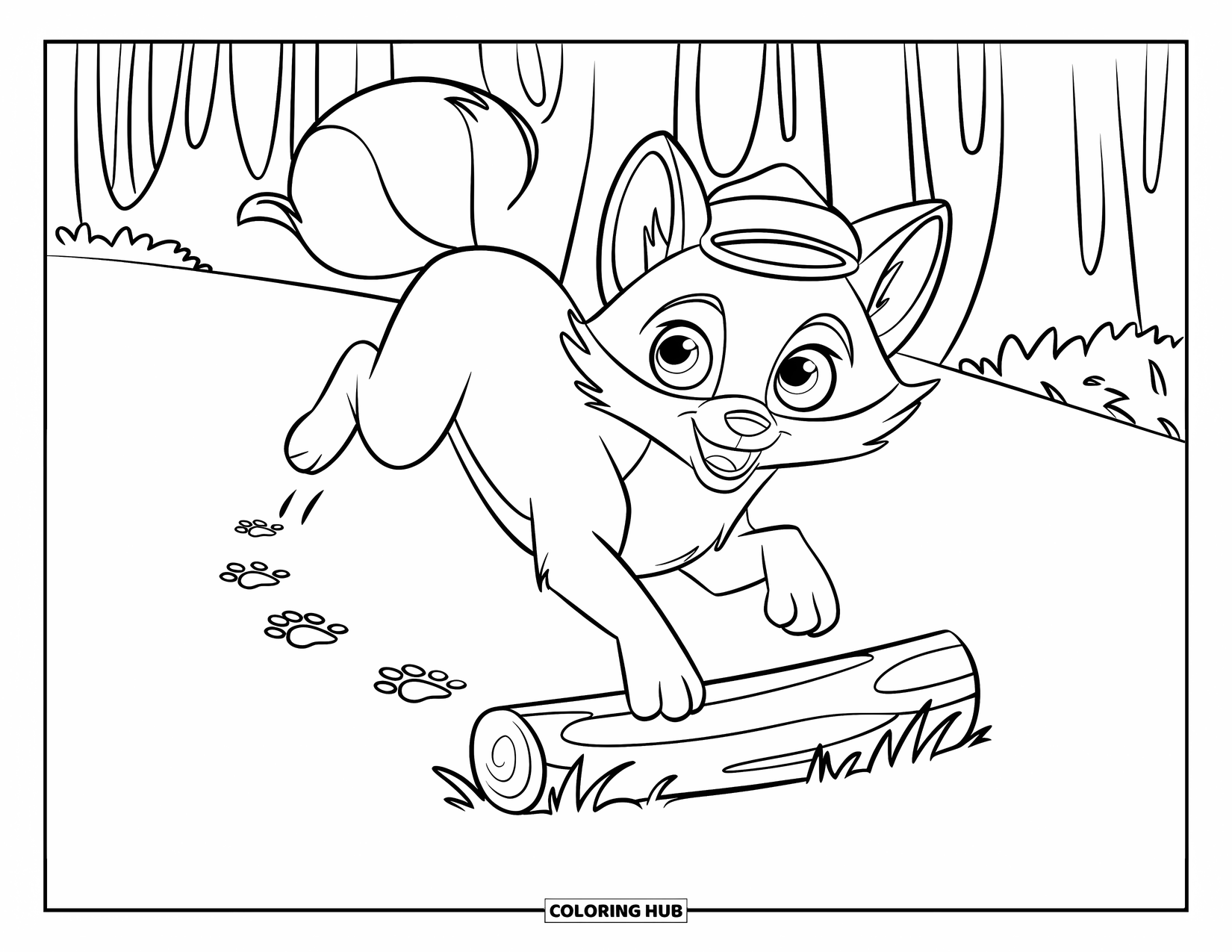 Fox Coloring Page for Kids: A happy fox jumping over a log, wearing a small hat in a lively forest