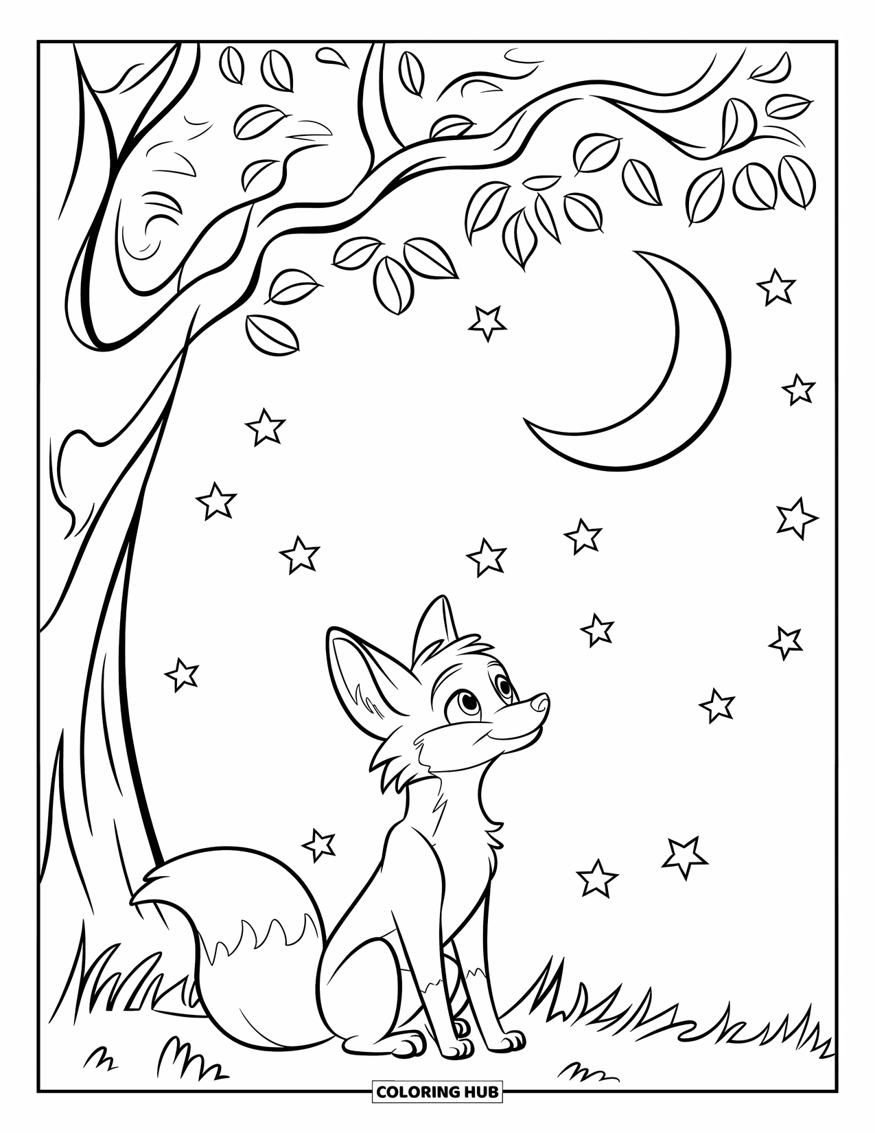 Fox Coloring Page for Kids: A little fox resting beneath a tree, staring at the stars in the sky