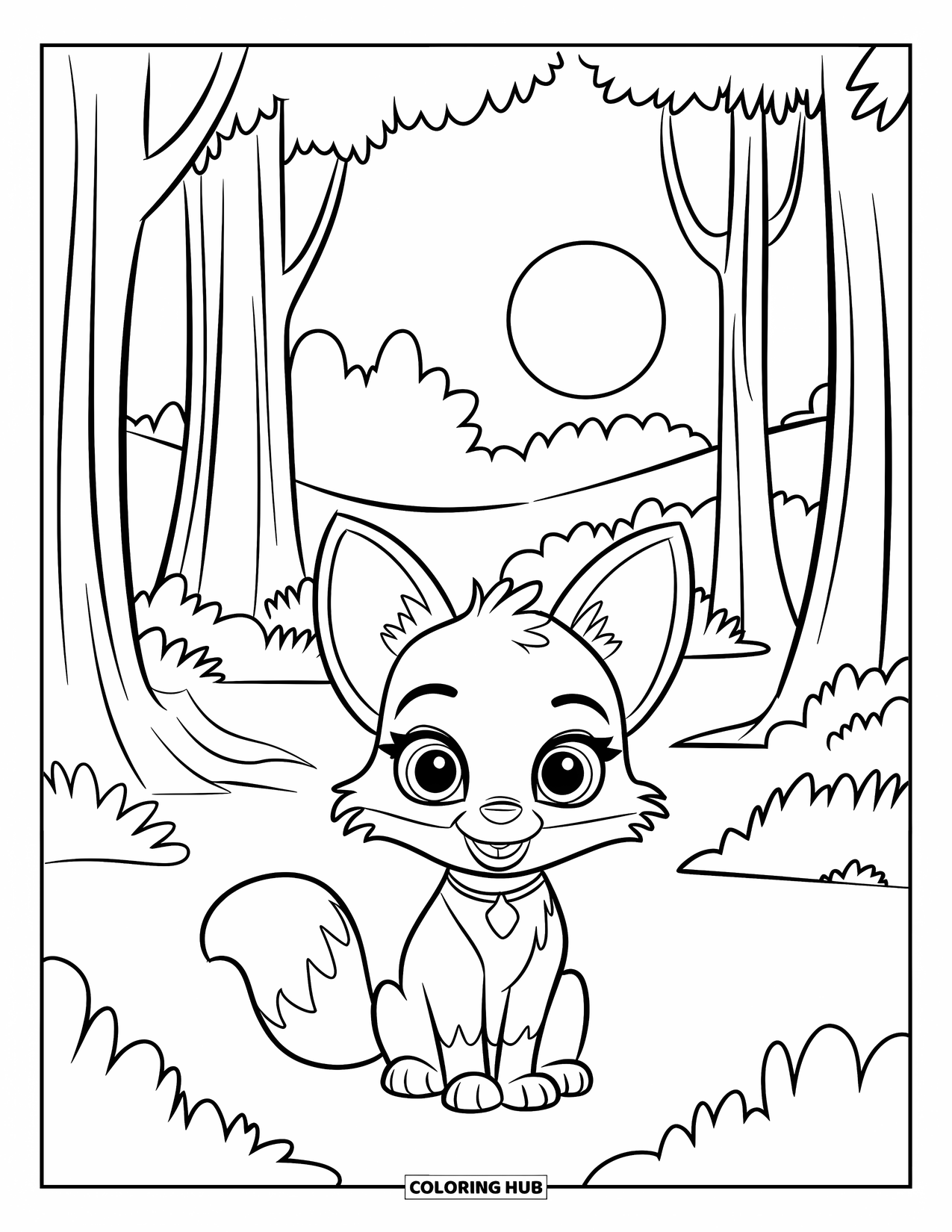 Fox Coloring Page for Kids: A little fox sitting on soft grass, surrounded by a few trees