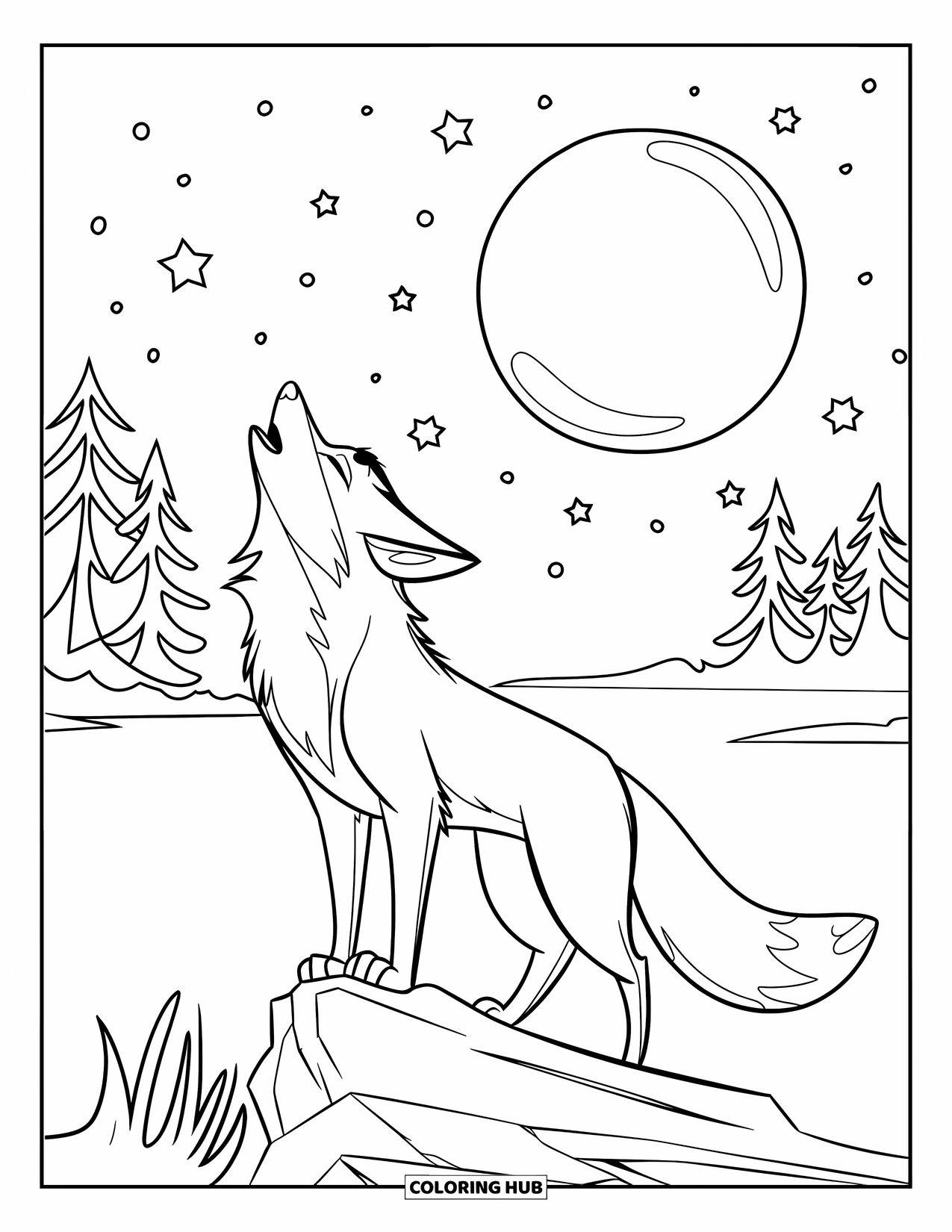Fox Coloring Page for Kids: A lone fox standing on a hill, singing to the bright, full moon