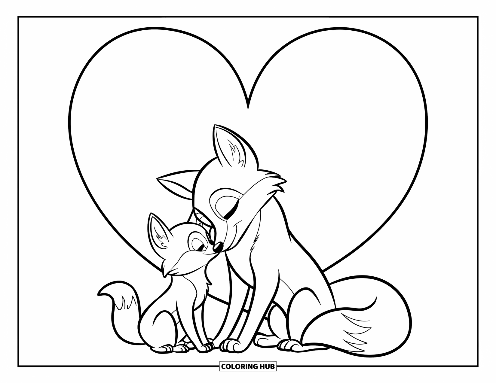 Fox Coloring Page for Kids: A mother fox and her baby sharing a loving moment, sitting on a grassy hill