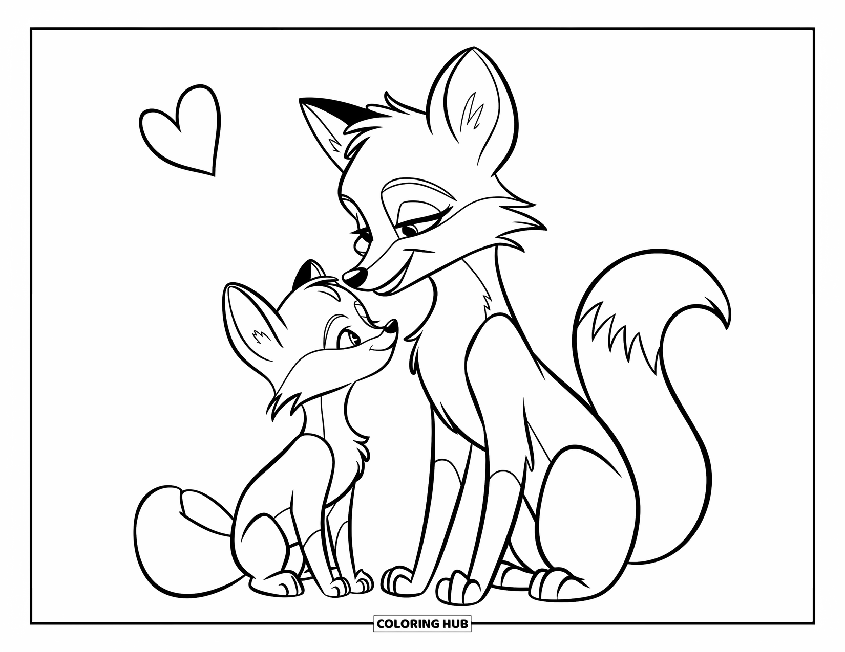 Fox Coloring Page for Kids: A mother fox and her cub nuzzling each other with a heart above them
