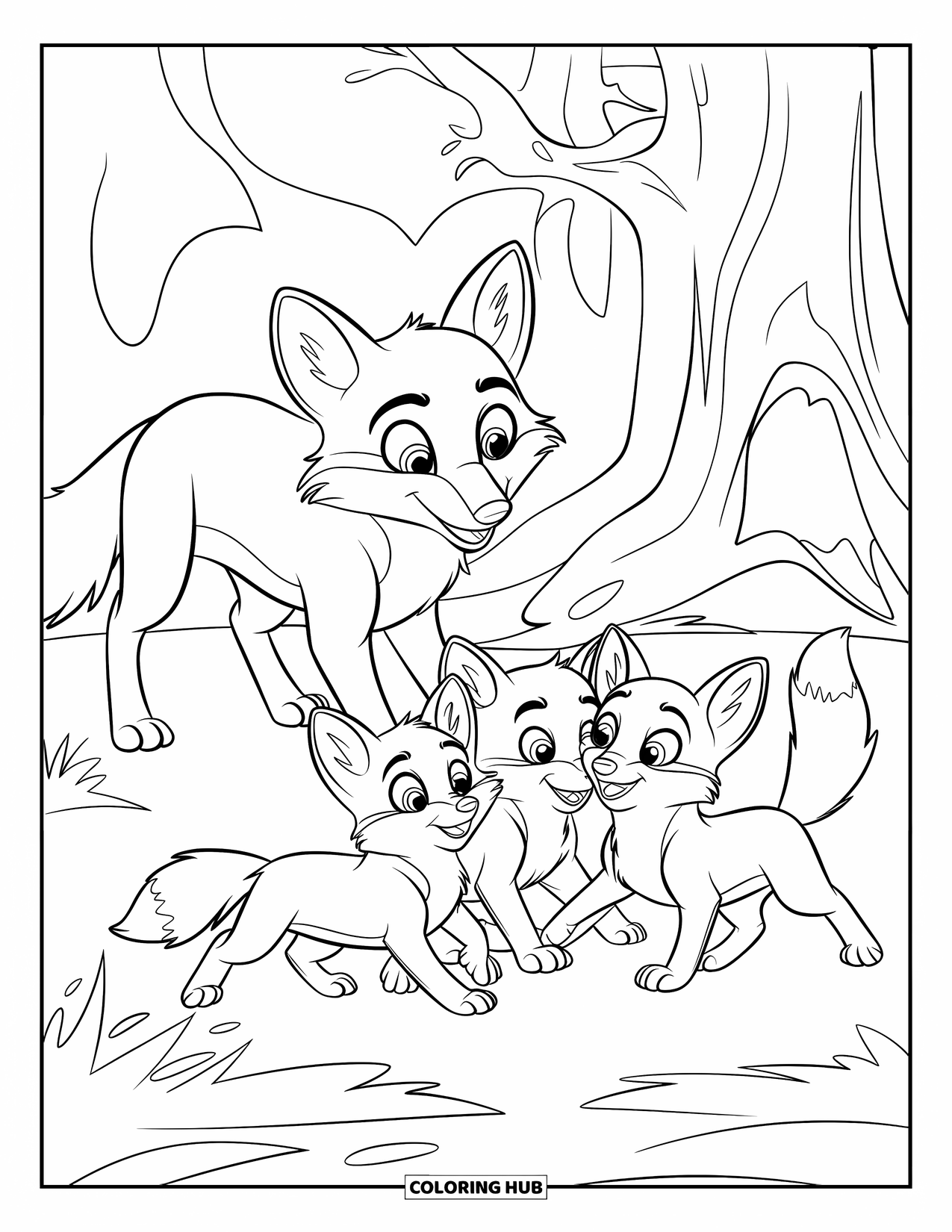 Fox Coloring Page for Kids: A mother fox and her kits playing together near a hollow tree