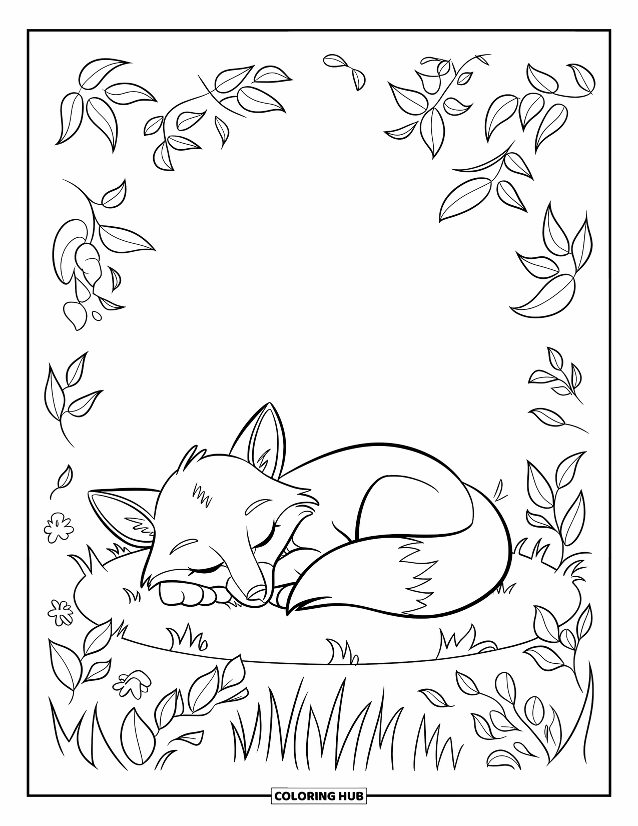 Fox Coloring Page for Kids: A peaceful fox resting on the grass, nestled among delicate wildflowers