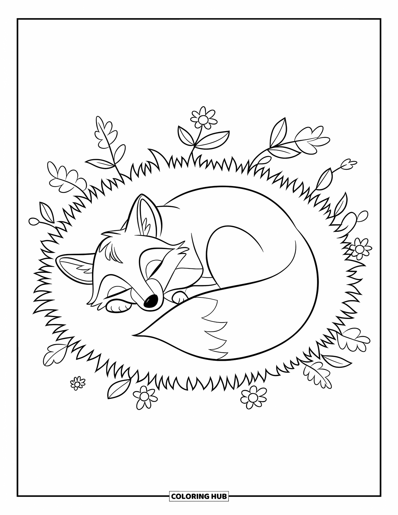 Fox Coloring Page for Kids: A sleeping fox curled up in a meadow, with leaves and flowers around