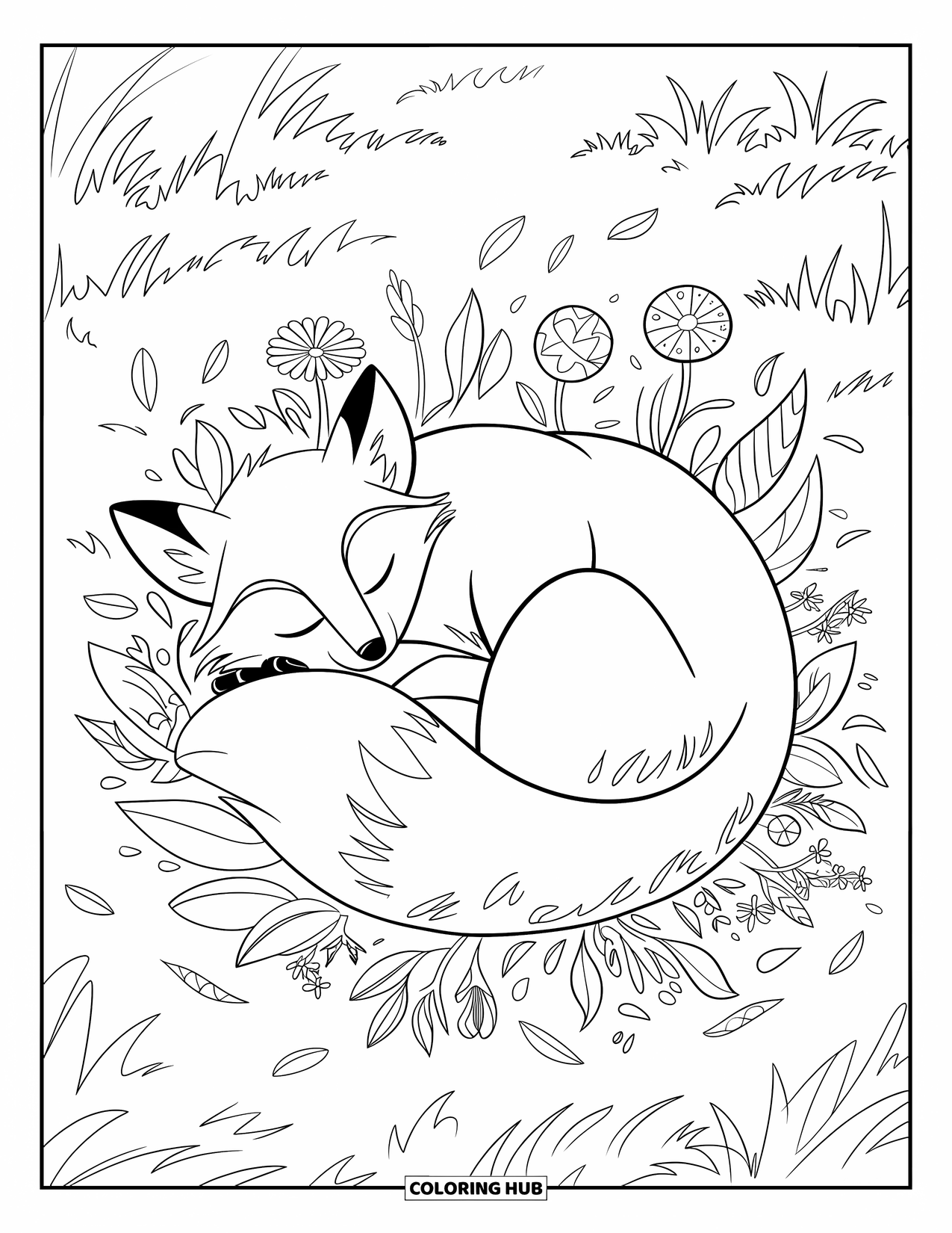 Fox Coloring Page for Kids: A sleepy fox resting among soft flowers and delicate leaves