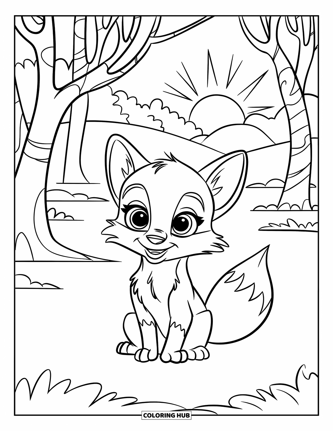 Fox Coloring Page for Kids: A young fox resting in a peaceful forest clearing with a warm sun overhead