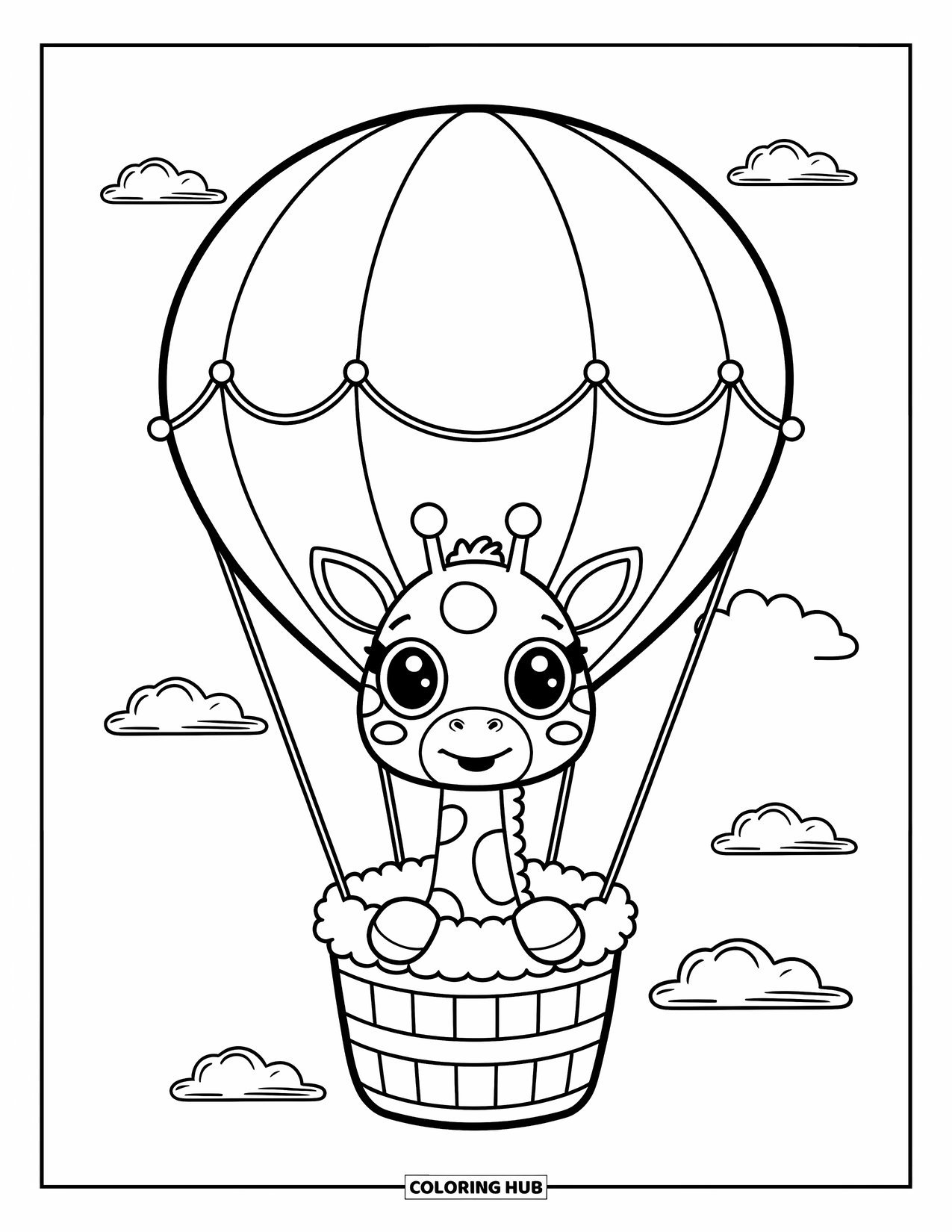 Giraffe Coloring Page for Adults: A baby giraffe peers from a hot air balloon basket, enjoying the floating clouds