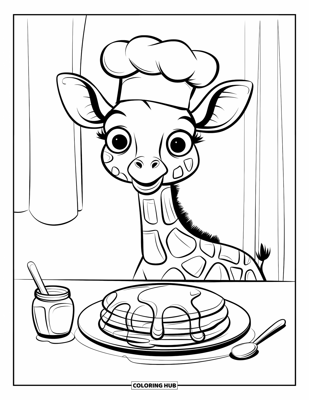 Giraffe Coloring Page for Adults: A curious giraffe in a chef's hat sits beside pancakes, honey, and a spoon