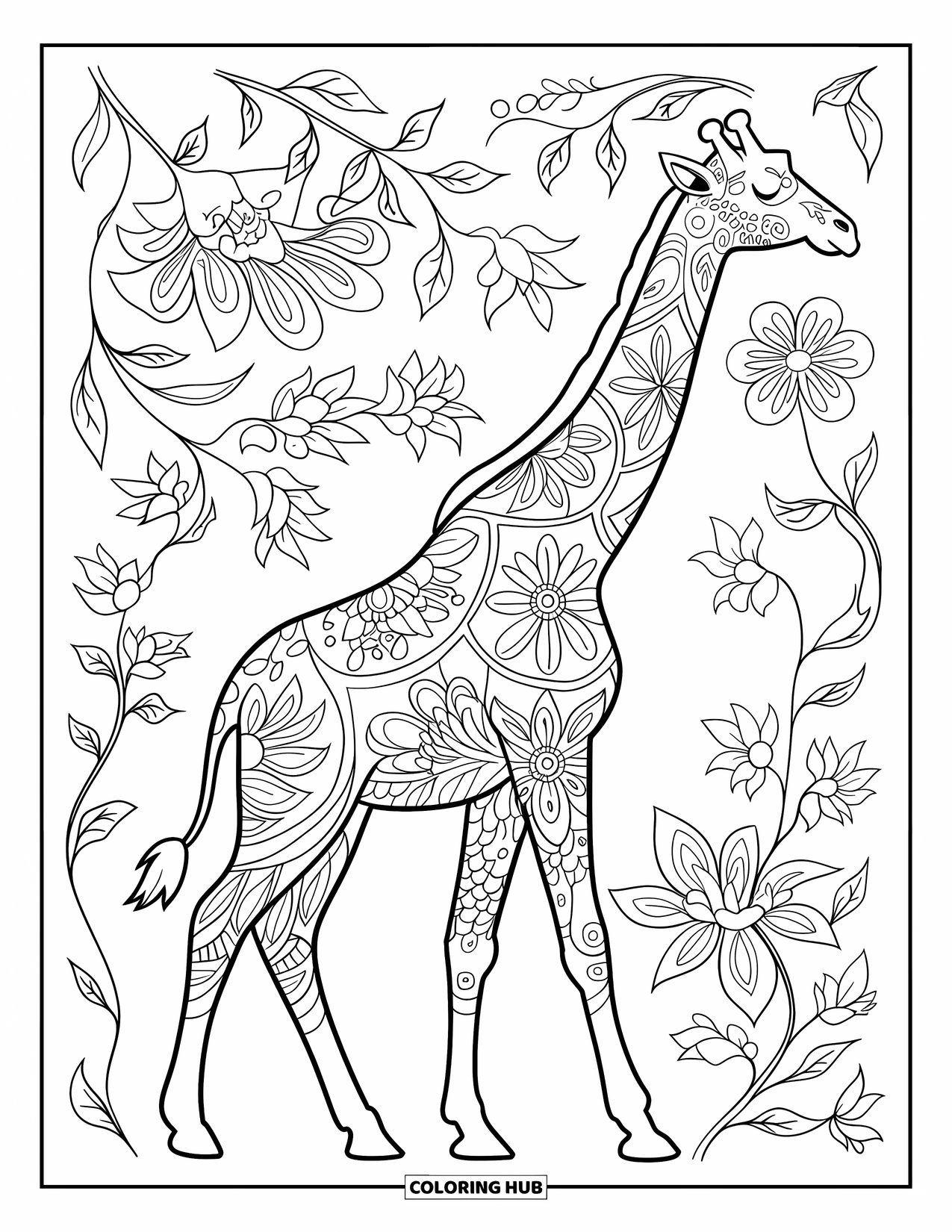 Giraffe Coloring Page for Adults: A decorative giraffe surrounded by intricate flowers and vines in an artistic scene