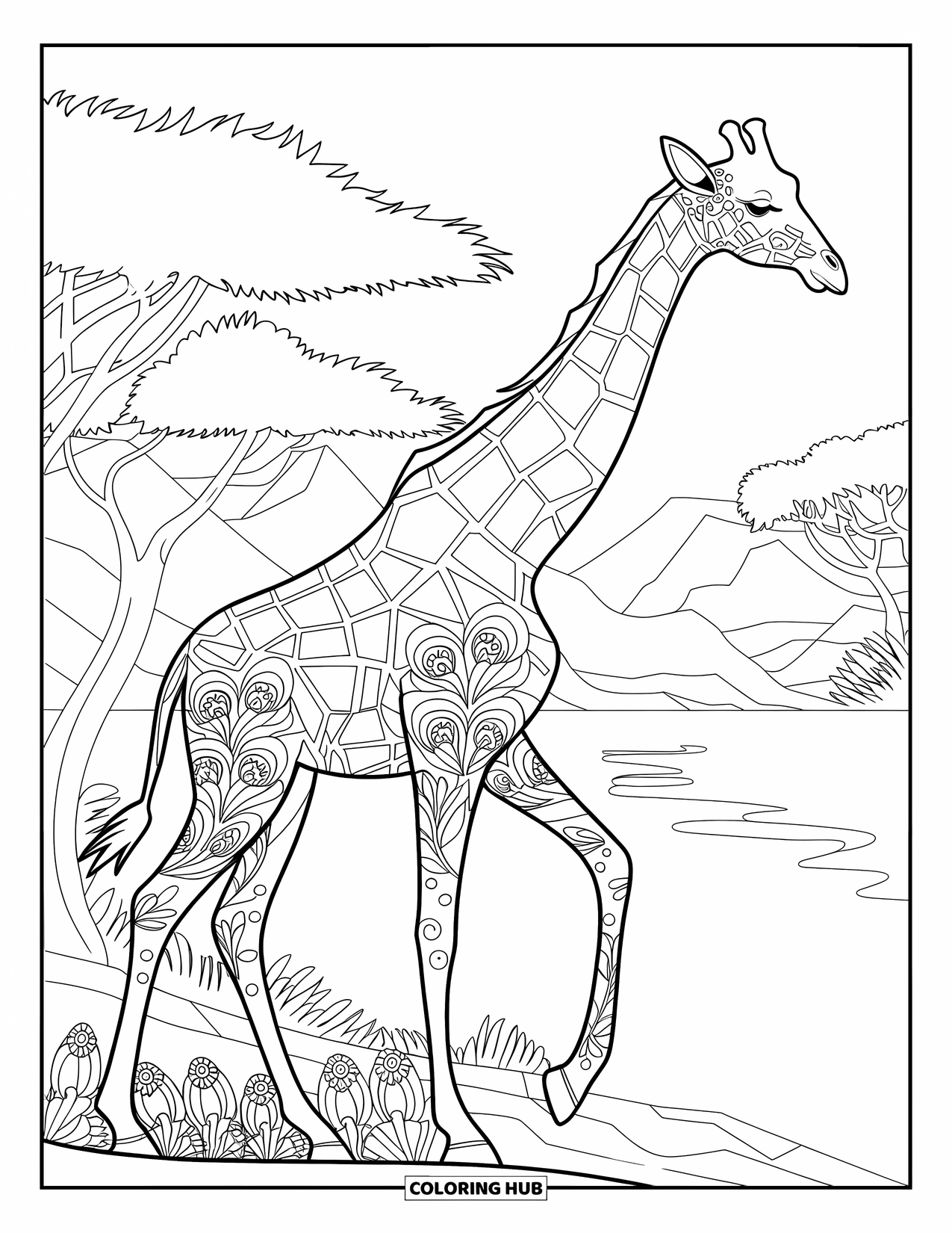 Giraffe Coloring Page for Adults: A detailed giraffe in a serene landscape, surrounded by lush greenery and rocky terrain