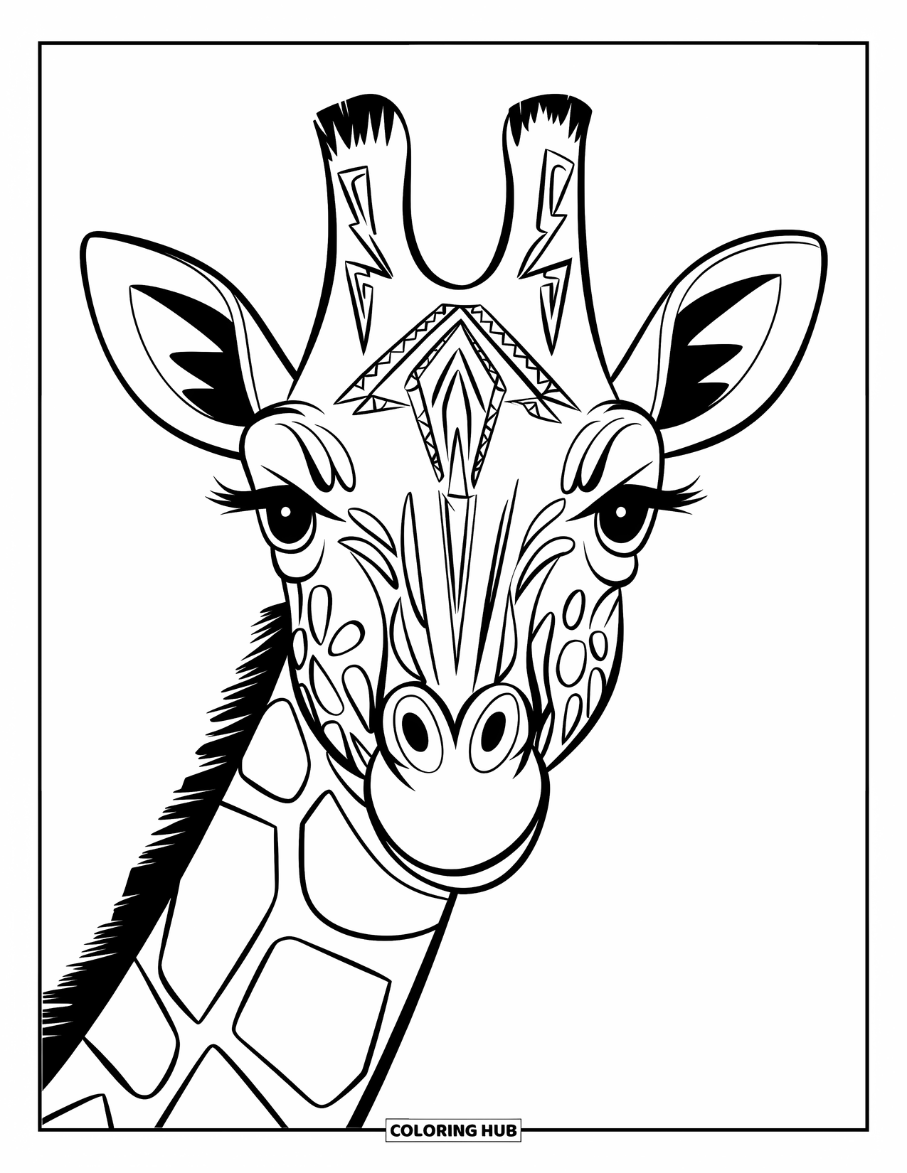 Giraffe Coloring Page for Adults: A detailed giraffe portrait with expressive eyes and decorative tribal-inspired patterns