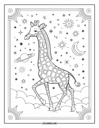 Zsiráf kifestő felnőtteknek: Egy álomszerű zsiráf felhőn áll csillagos ég alatt, égi részletekkel