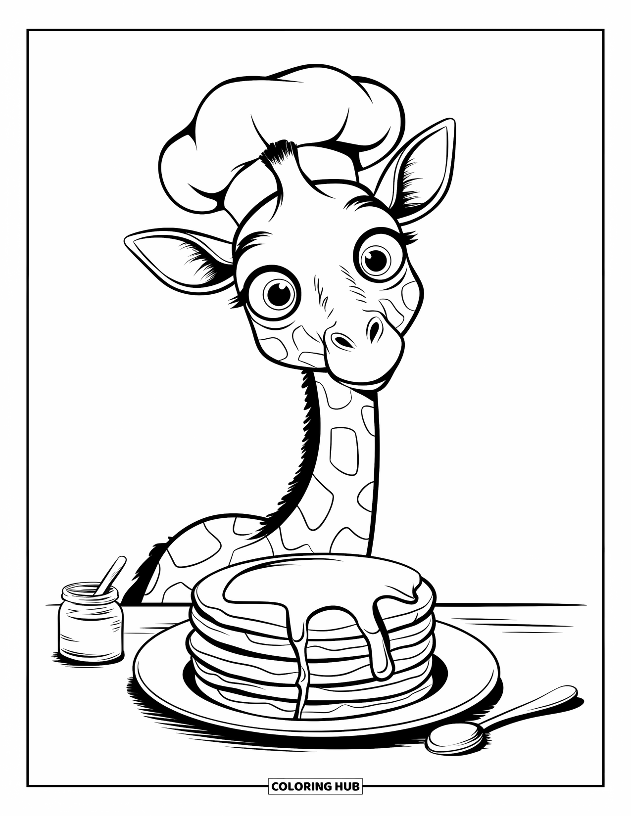 Giraffe Coloring Page for Adults: A giraffe in a chef's hat sits beside a plate of fluffy pancakes, eyeing a honey jar