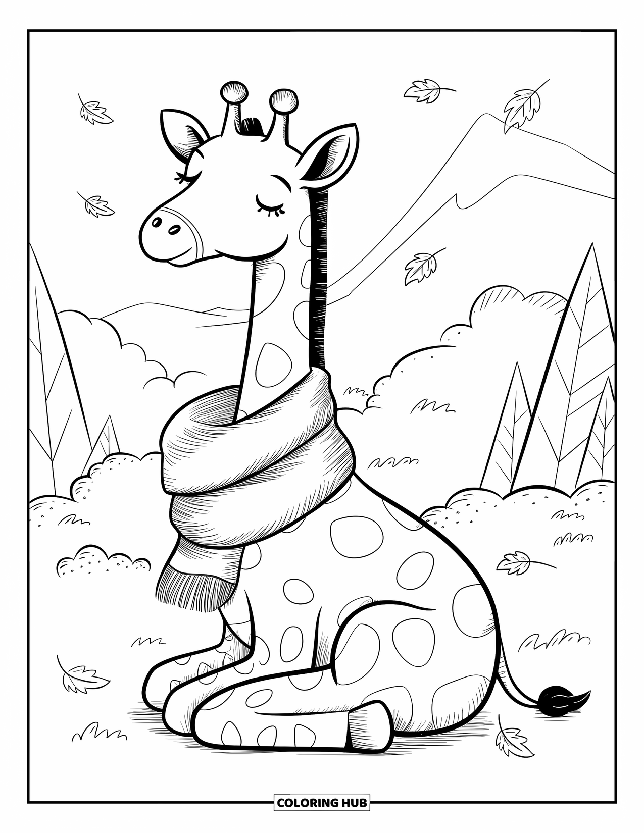 Giraffe Coloring Page for Adults: A giraffe in a cozy scarf sits sleepily as autumn leaves swirl in the breeze