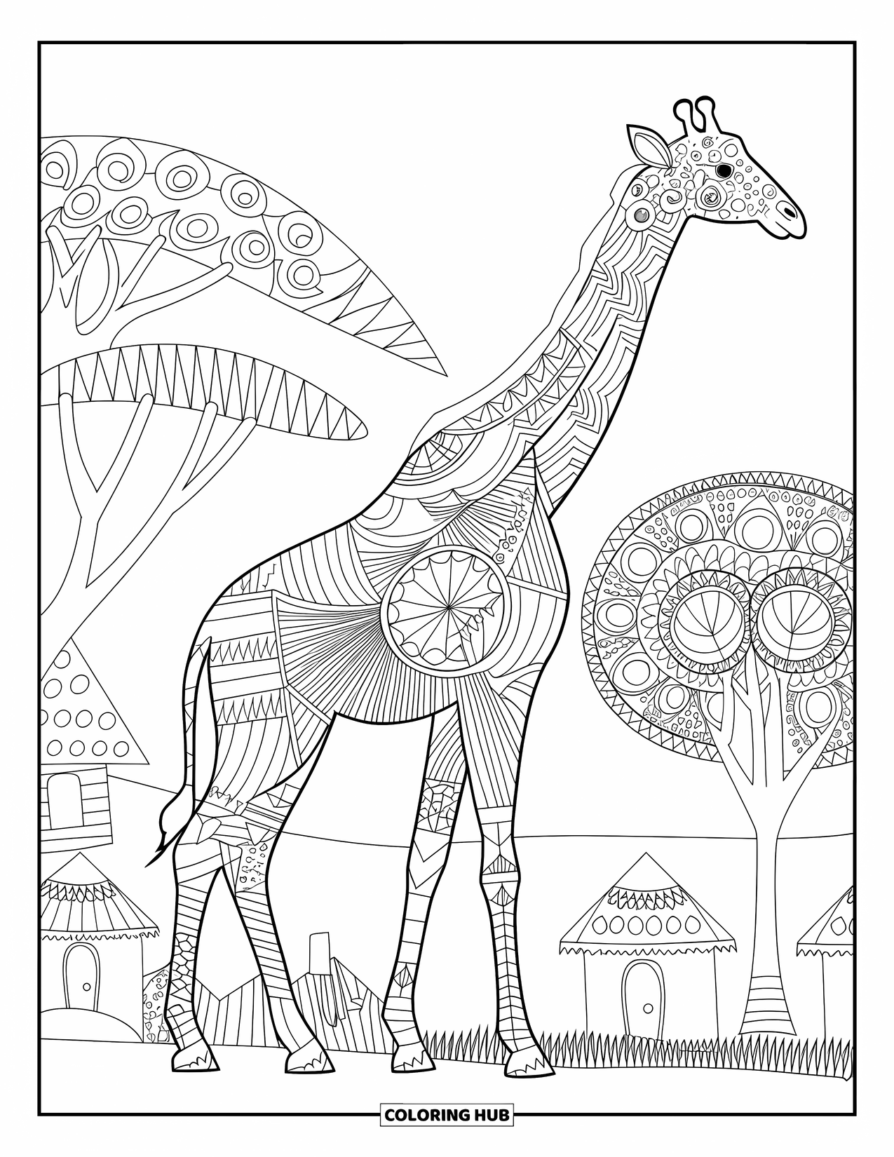 Giraffe Coloring Page for Adults: A giraffe silhouette adorned with African-inspired patterns, standing near a traditional village