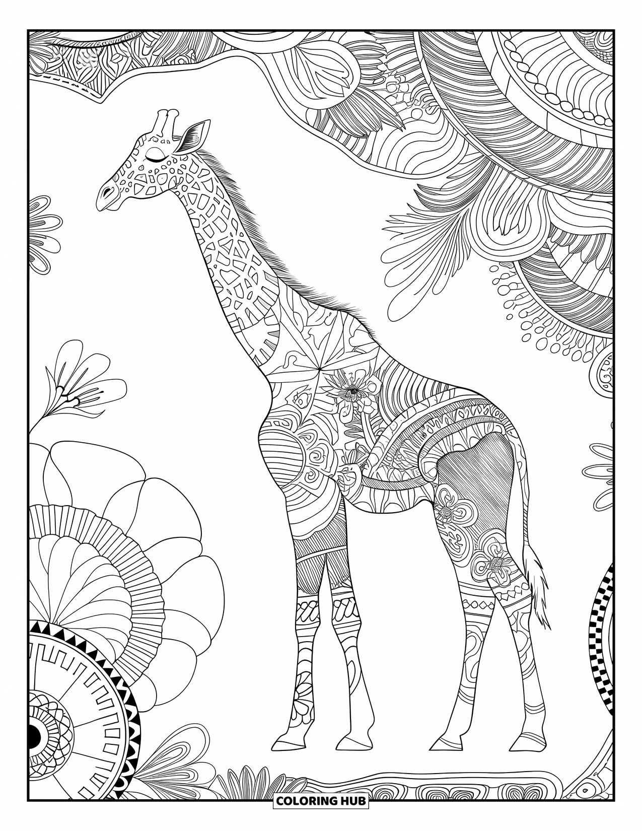 Giraffe Coloring Page for Adults: A giraffe silhouette filled with geometric and floral designs against a richly patterned background