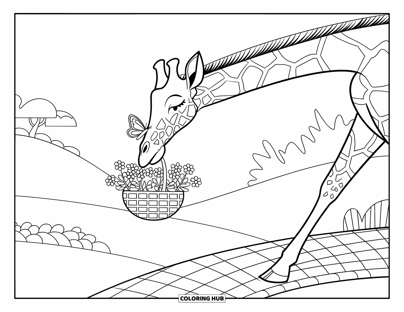 Giraffe Coloring Page for Adults: A giraffe with a basket of flowers strolls along a cobblestone path as a butterfly rests on its nose