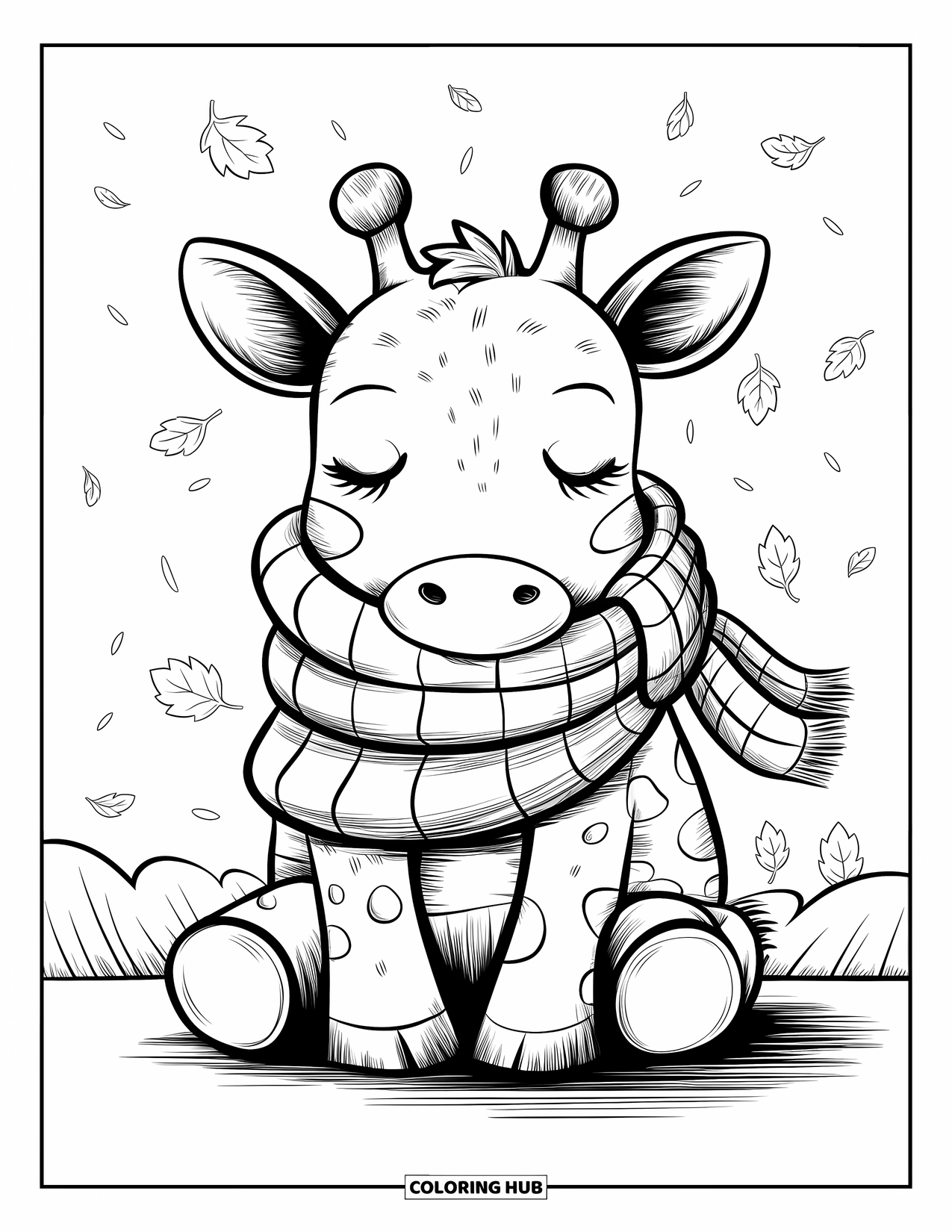 Giraffe Coloring Page for Adults: A giraffe with an oversized scarf sits peacefully while leaves drift around