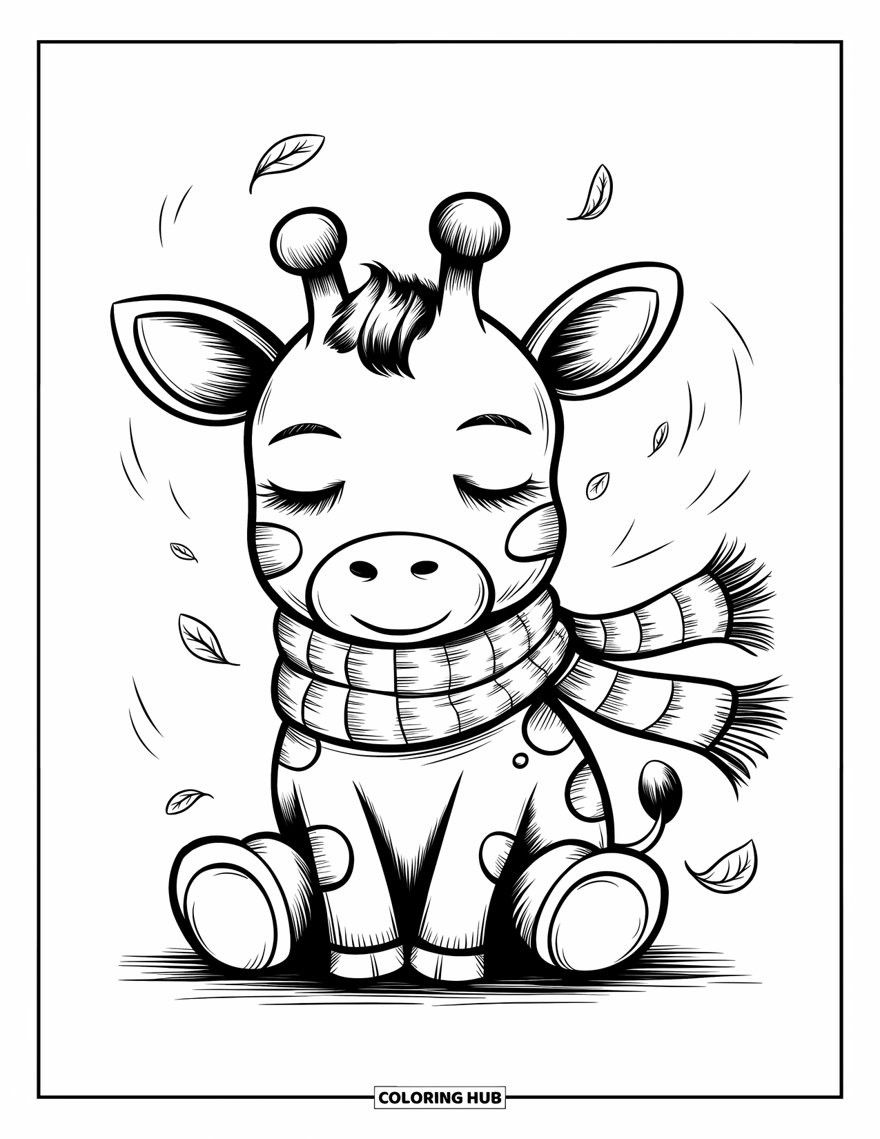 Giraffe Coloring Page for Adults: A giraffe wrapped in a scarf sits peacefully as tiny leaves swirl around