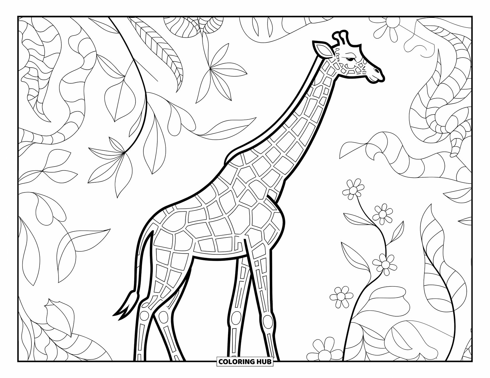 Giraffe Coloring Page for Adults: A graceful giraffe with intricate patterns surrounded by ornate floral and vine motifs