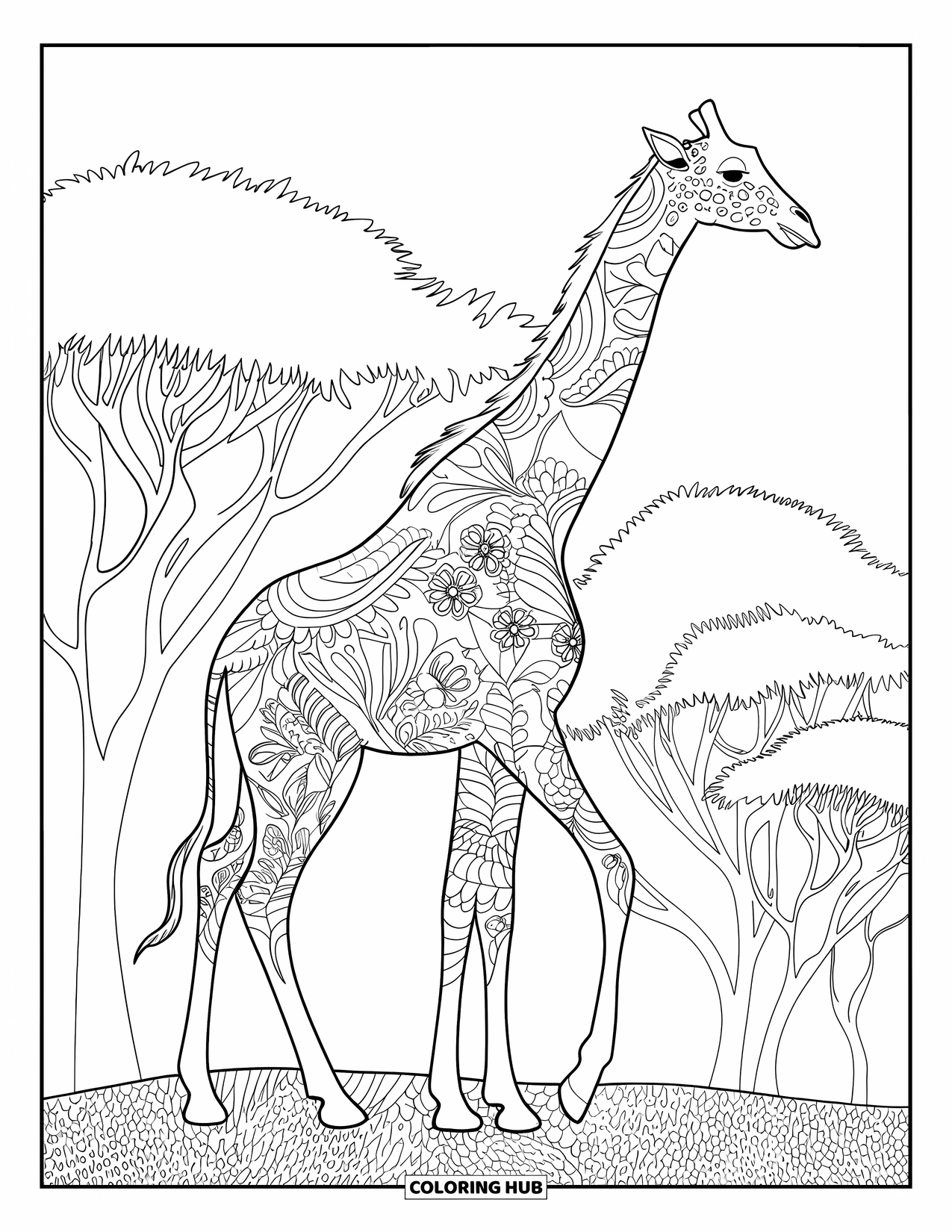 Giraffe Coloring Page for Adults: A peaceful giraffe with floral and abstract patterns, standing gracefully in a quiet landscape