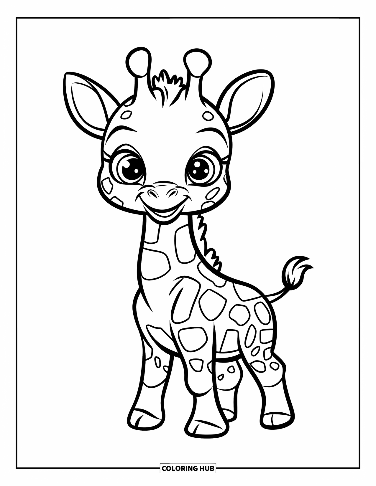 Giraffe Coloring Page for Kids: A baby giraffe gazes happily, standing in a wide, open space