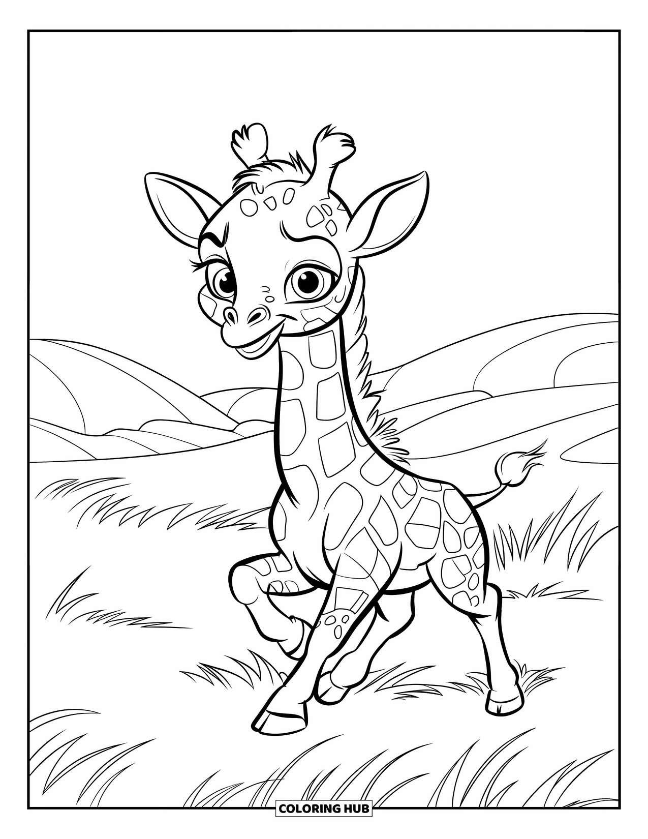 Giraffe Coloring Page for Kids: A baby giraffe joyfully runs through the grasslands with rolling hills behind