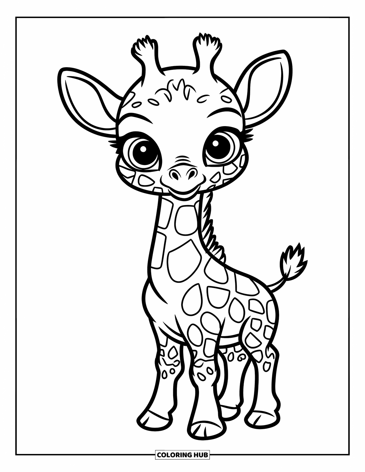 Giraffe Coloring Page for Kids: A baby giraffe with big, round eyes stands alone, ready to explore