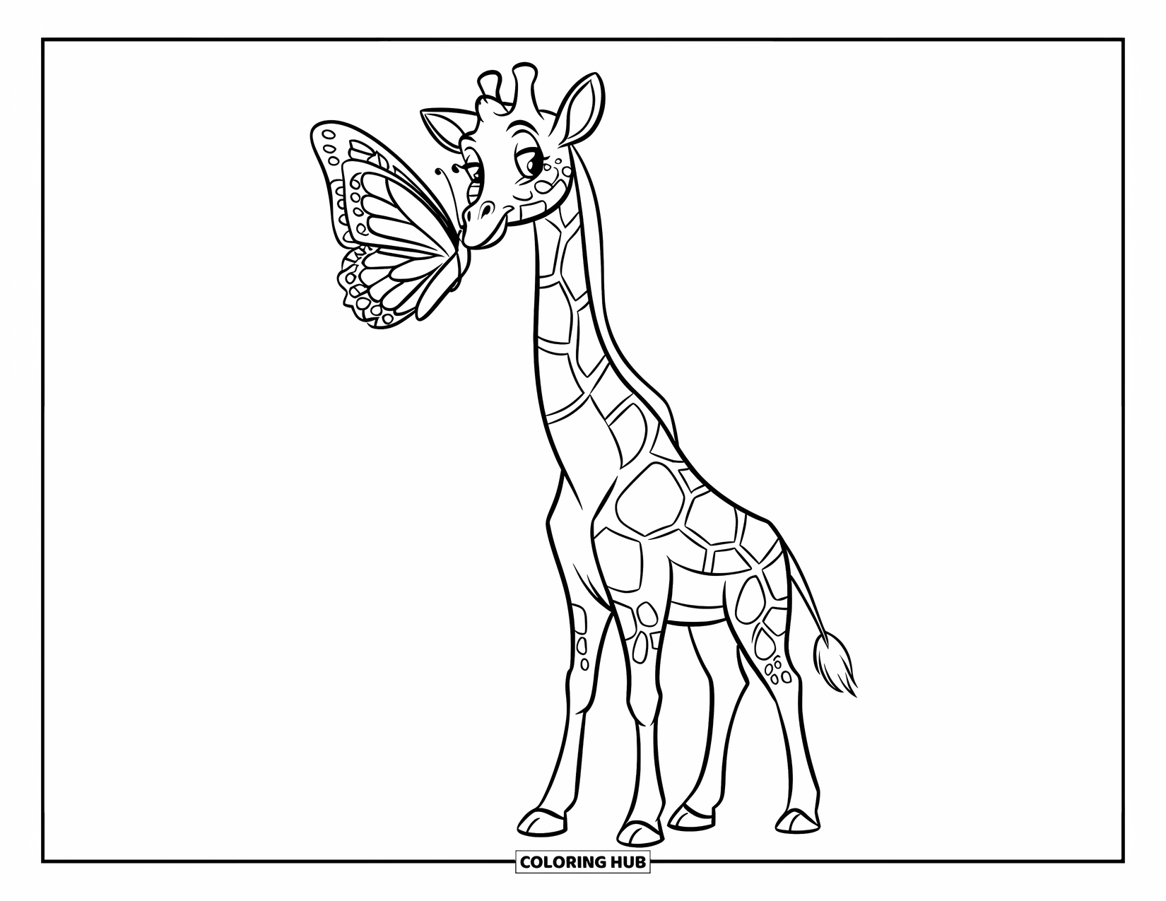 Giraffe Coloring Page for Kids: A cheerful giraffe with a butterfly on its nose stands playfully