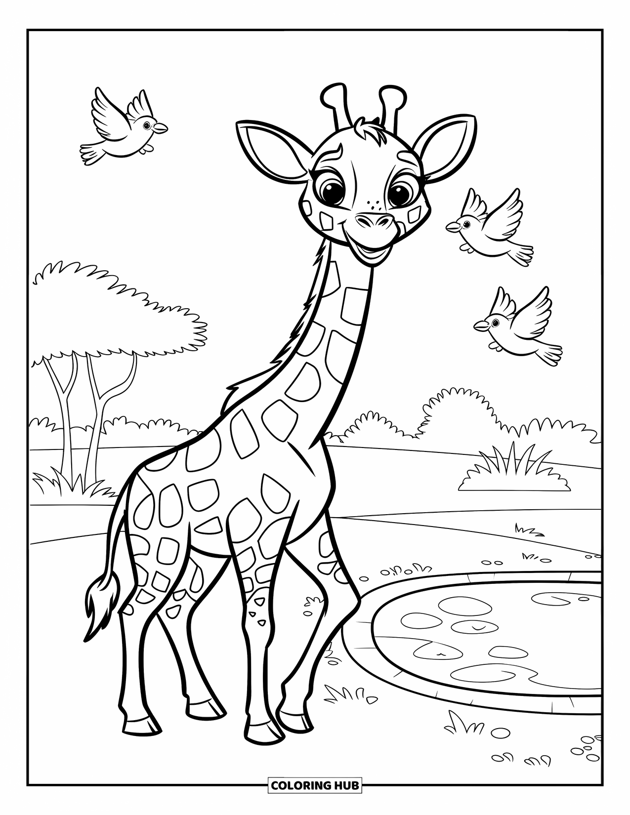 Giraffe Coloring Page for Kids: A friendly giraffe enjoys a peaceful moment near a small pond