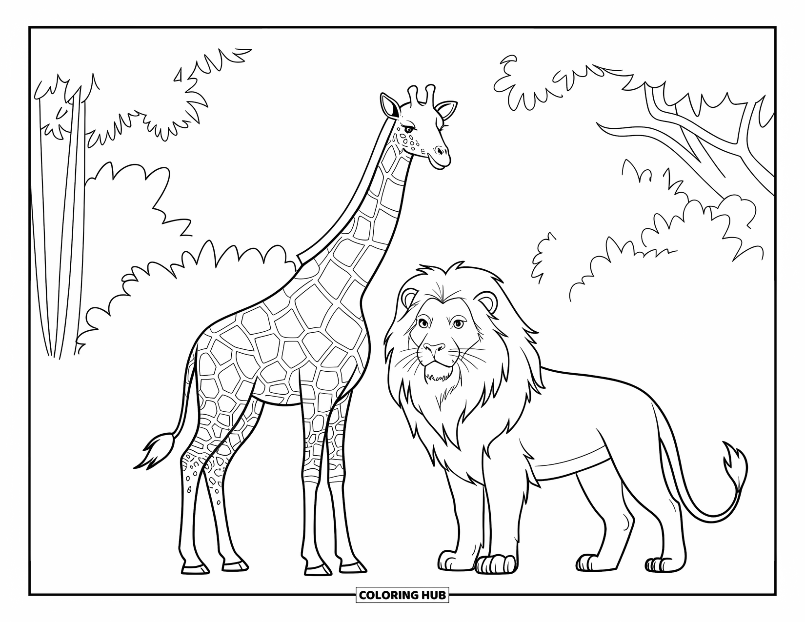 Giraffe Coloring Page for Kids: A giraffe in a hat stands beside a lion in a lush forest