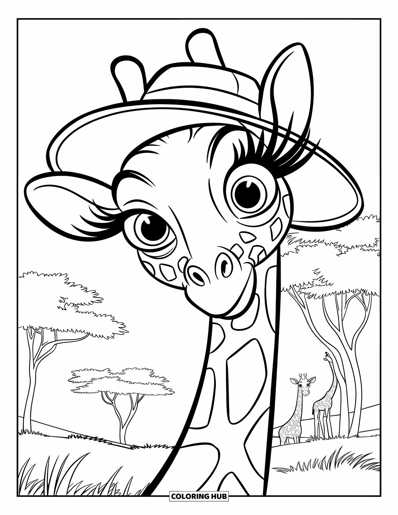 Giraffe Coloring Page for Kids: A giraffe in a safari hat stands among trees, with other giraffes in the background