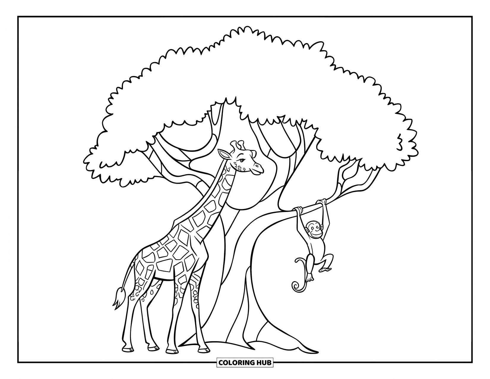Giraffe Coloring Page for Kids: A giraffe in a scarf watches a monkey swing from a sturdy tree branch