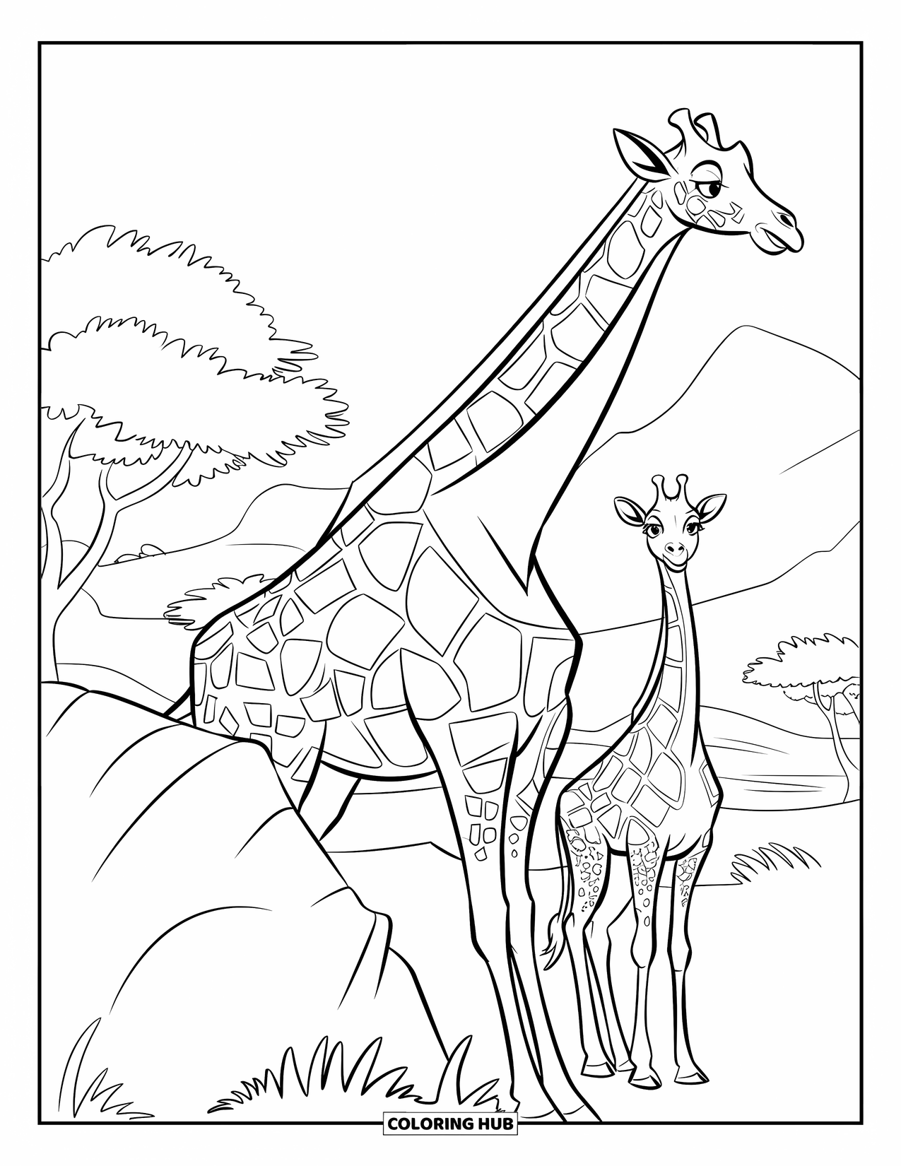 Giraffe Coloring Page for Kids: A giraffe peeks over a rock while another stands nearby in the savanna