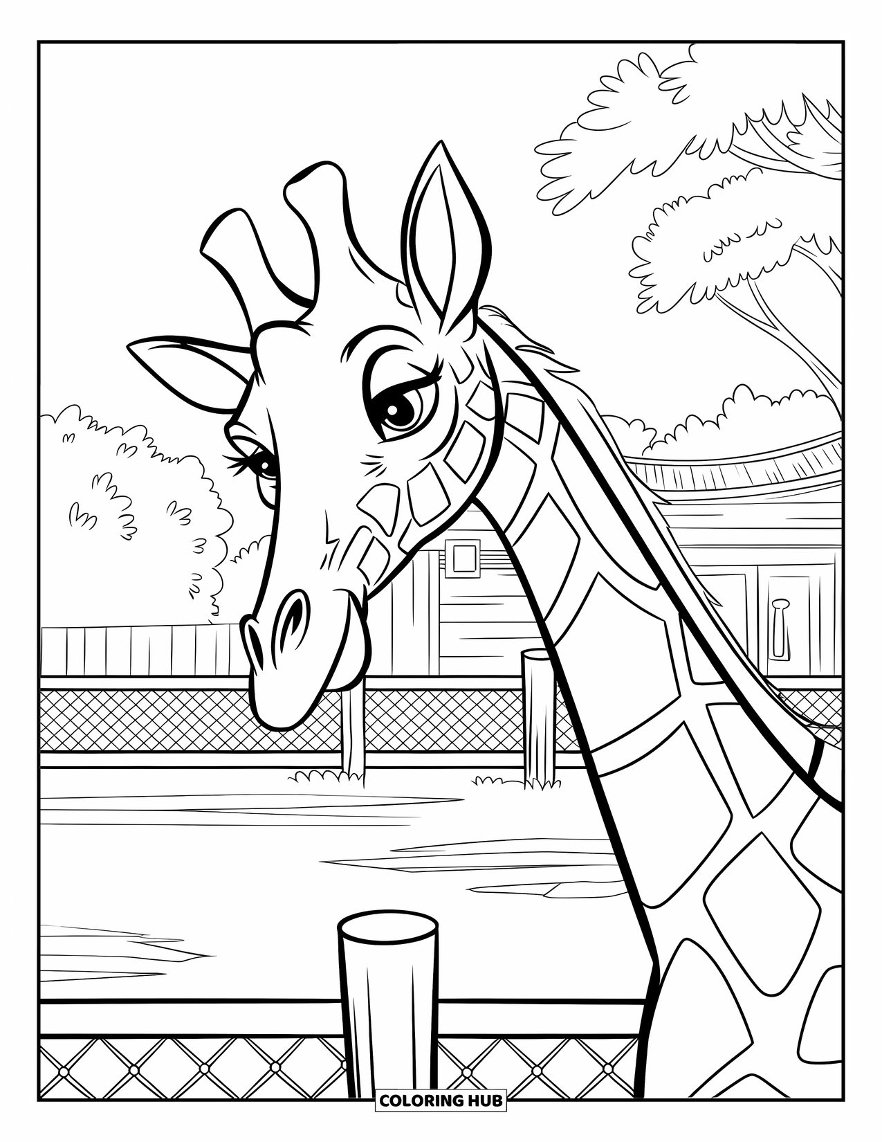 Giraffe Coloring Page for Kids: A giraffe peeks over a zoo fence as trees and a building stand behind