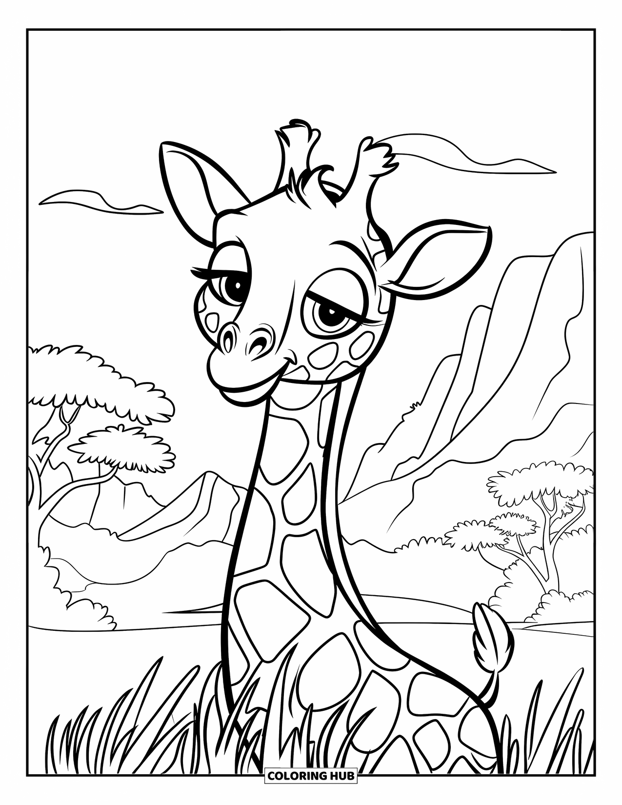 Giraffe Coloring Page for Kids: A giraffe stands among tall grass, gazing curiously at the scenic landscape