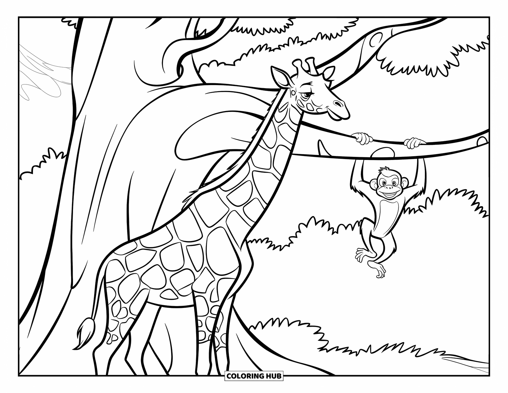 Giraffe Coloring Page for Kids: A giraffe stands beside a large tree while a monkey swings from its branches