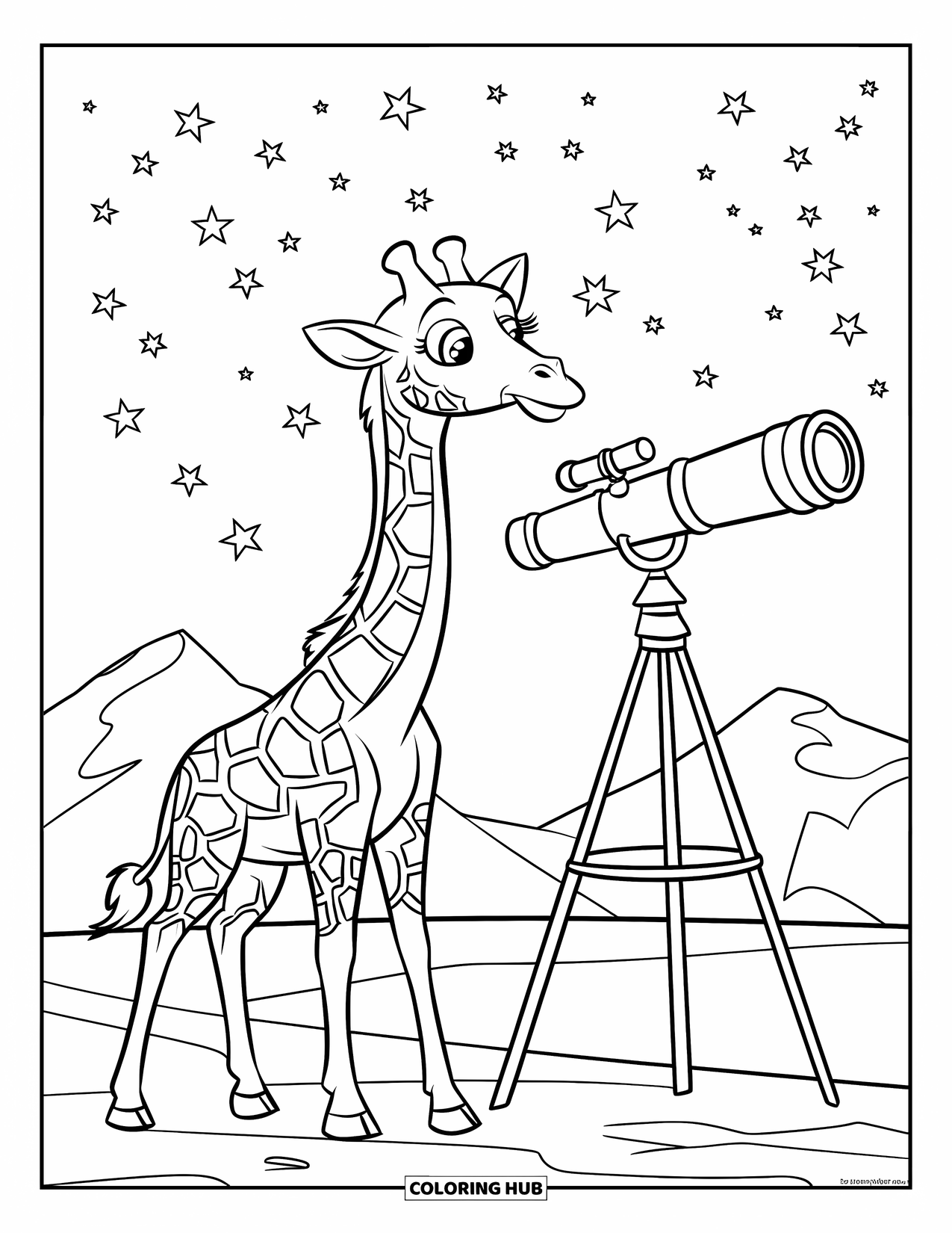 Giraffe Coloring Page for Kids: A giraffe stands on a hill, peering through a telescope at the stars
